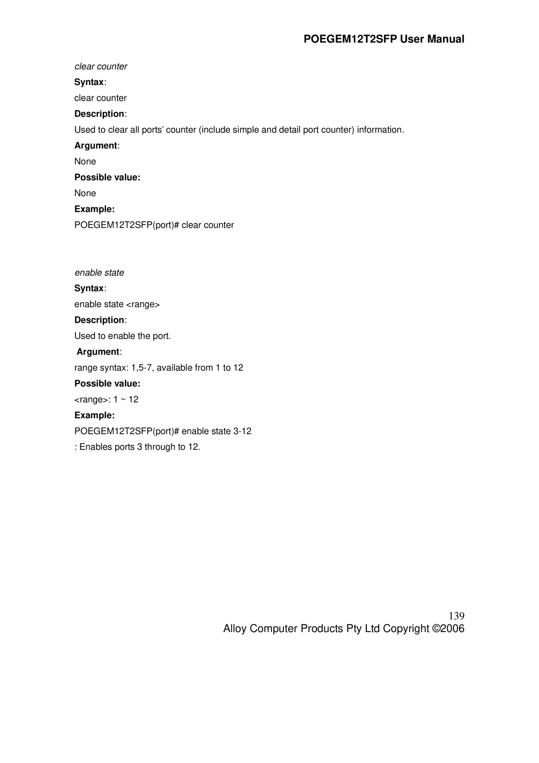 Alloy Computer Products POEGEM12T2SFP user manual 139, Clear counter Syntax clear counter Description, Enable state Syntax 