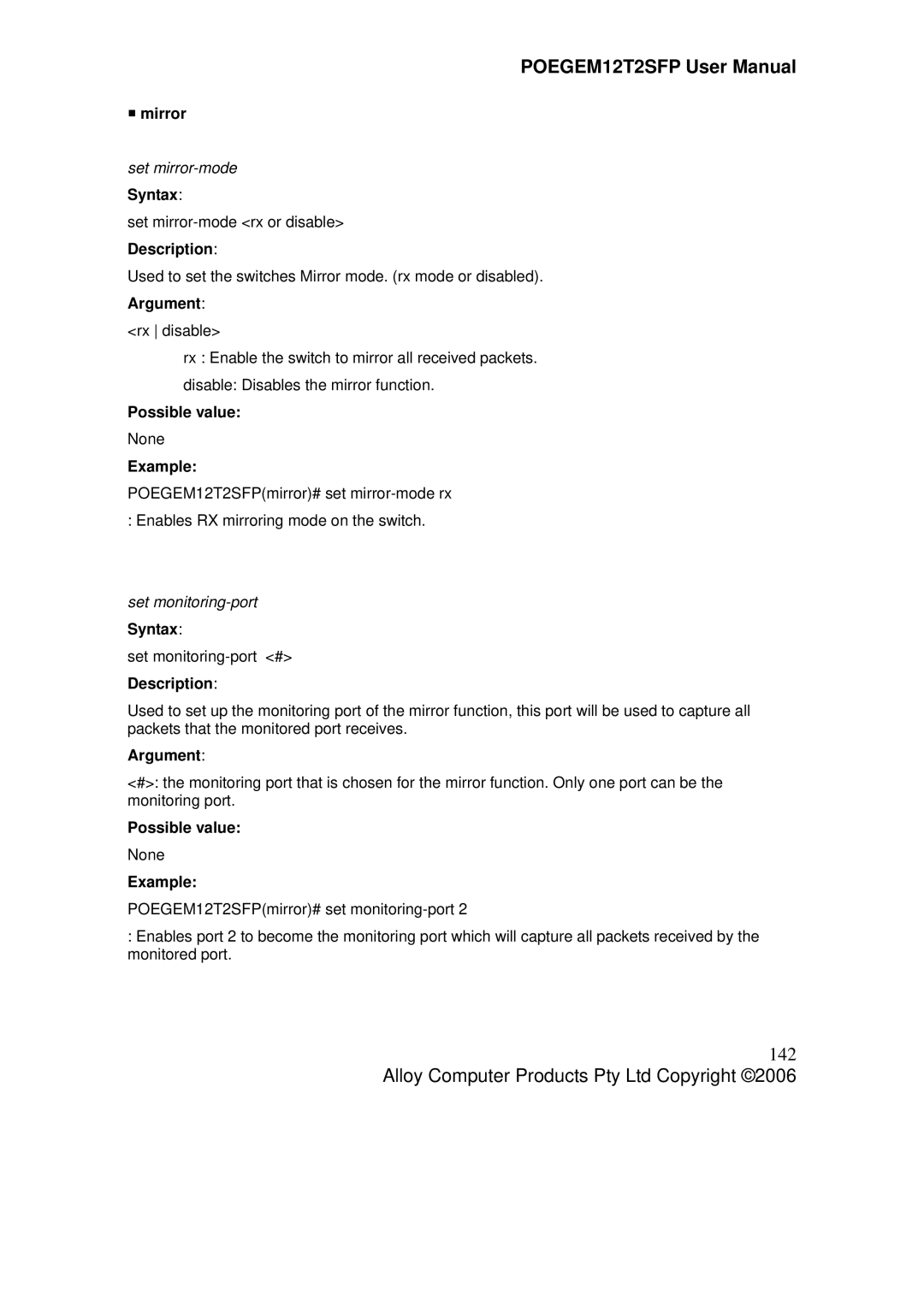 Alloy Computer Products POEGEM12T2SFP user manual 142, ƒ mirror, Set mirror-mode, Set monitoring-port 