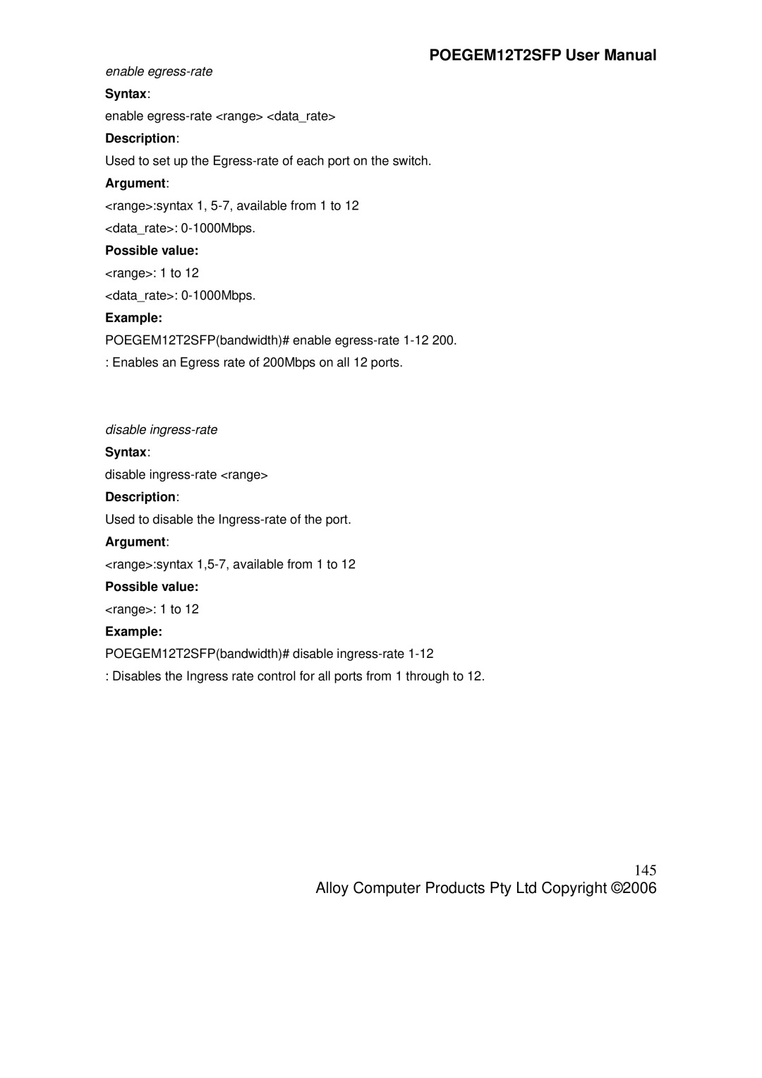 Alloy Computer Products POEGEM12T2SFP user manual 145, Enable egress-rate Syntax, Disable ingress-rate Syntax 