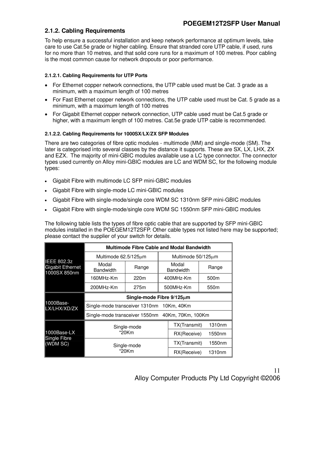 Alloy Computer Products POEGEM12T2SFP user manual Cabling Requirements, Multimode Fibre Cable and Modal Bandwidth 