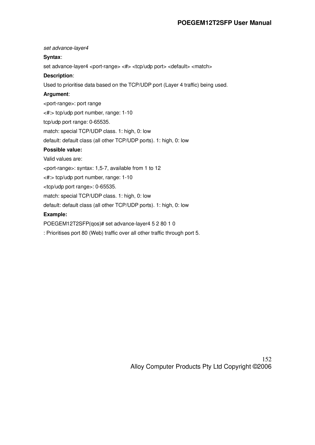 Alloy Computer Products POEGEM12T2SFP user manual 152, Set advance-layer4 