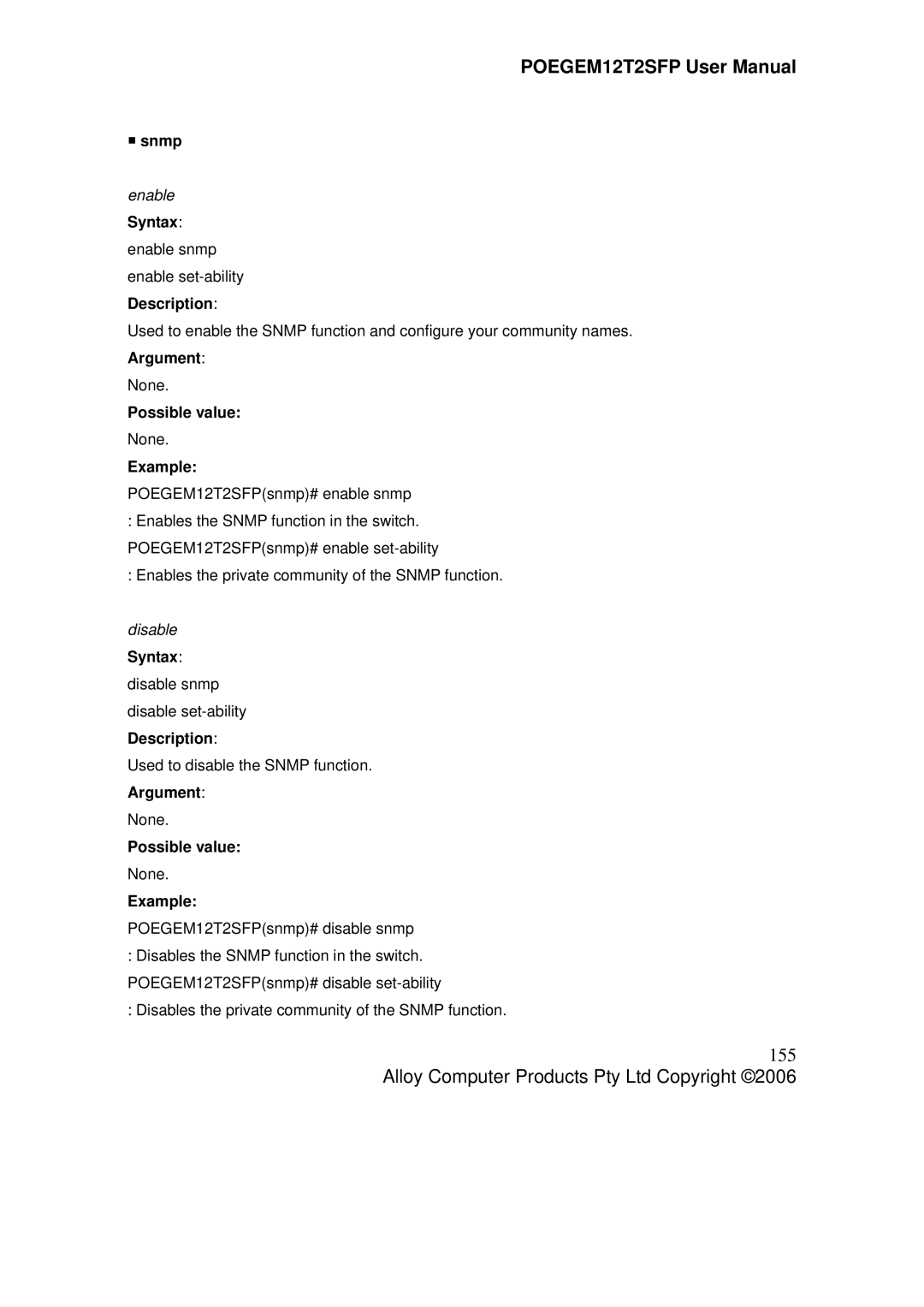 Alloy Computer Products POEGEM12T2SFP user manual 155, ƒ snmp, Enable, Disable 