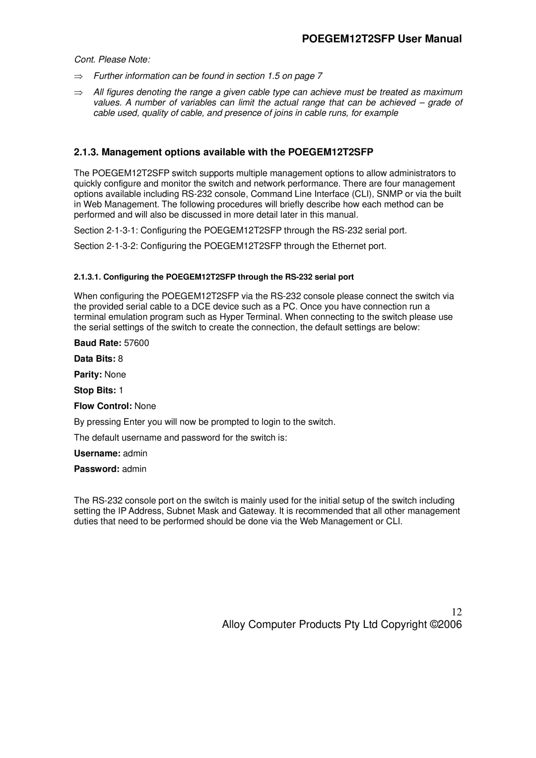 Alloy Computer Products user manual Management options available with the POEGEM12T2SFP, Username admin Password admin 