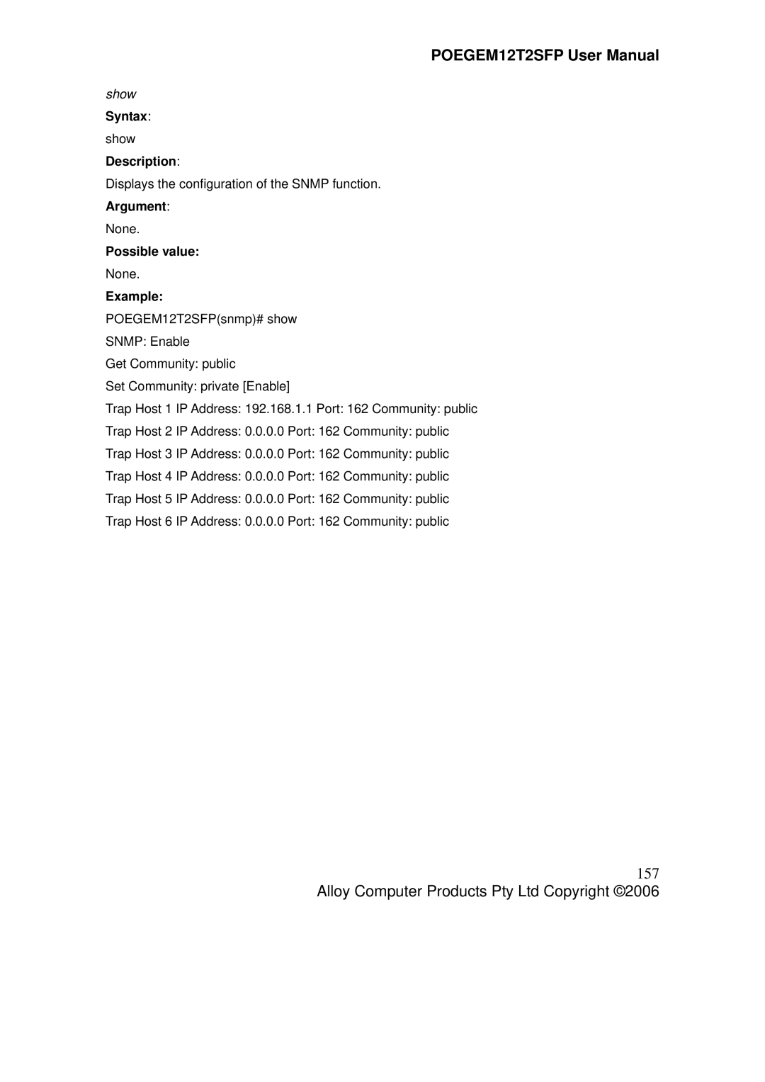 Alloy Computer Products POEGEM12T2SFP user manual 157, Show 