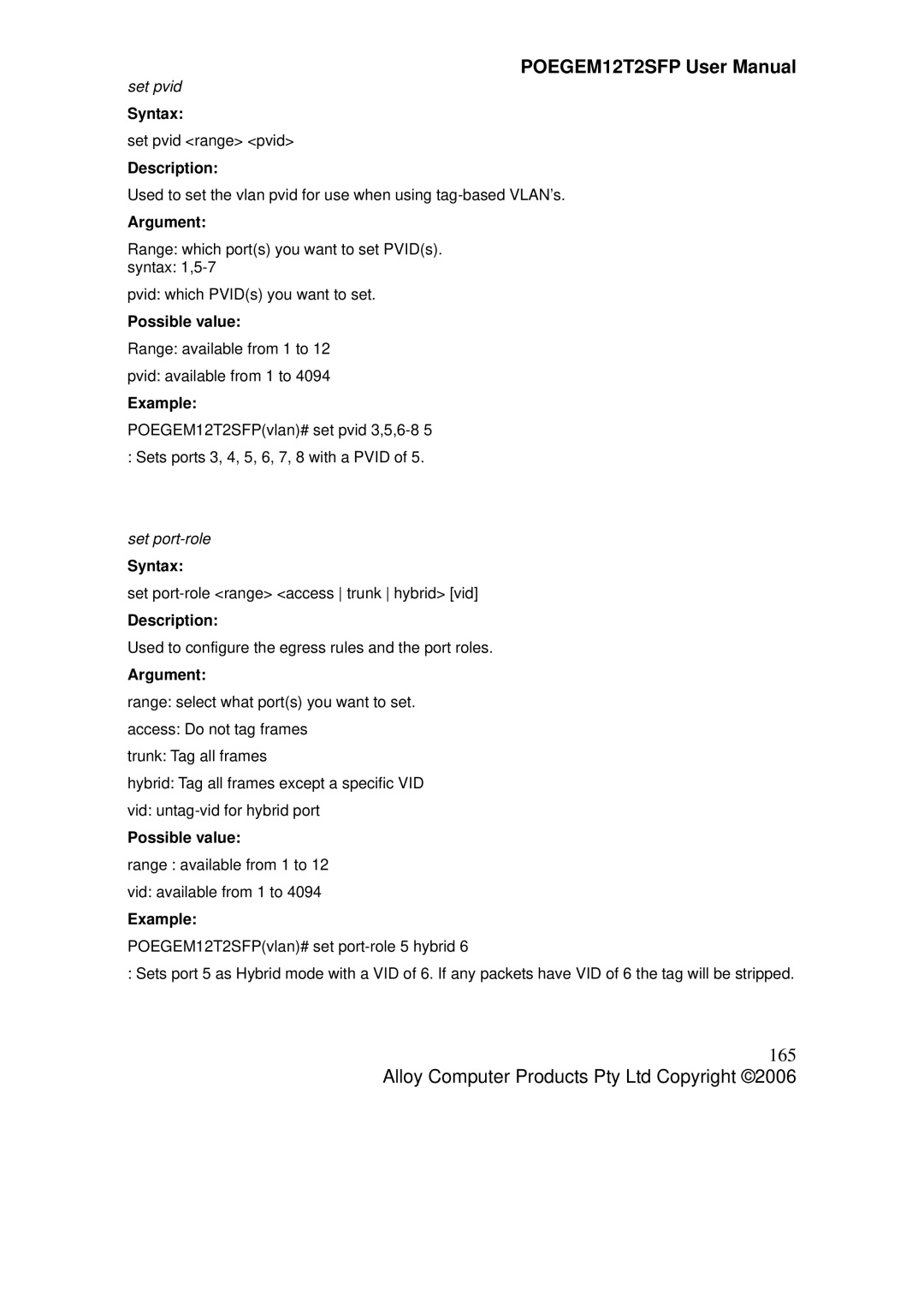 Alloy Computer Products POEGEM12T2SFP user manual 165, Set pvid, Set port-role 