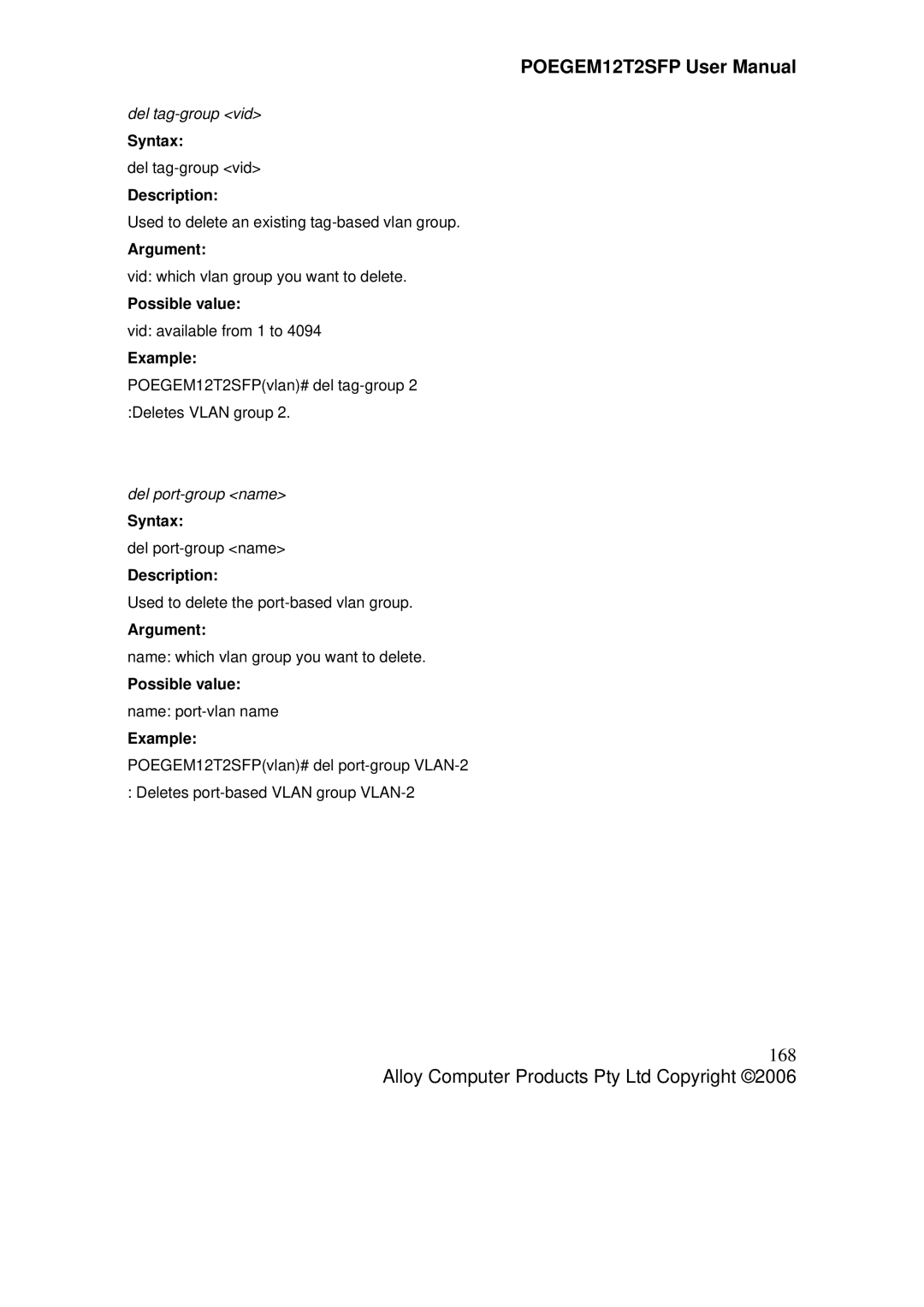 Alloy Computer Products POEGEM12T2SFP user manual 168, Del tag-group vid, Del port-group name 