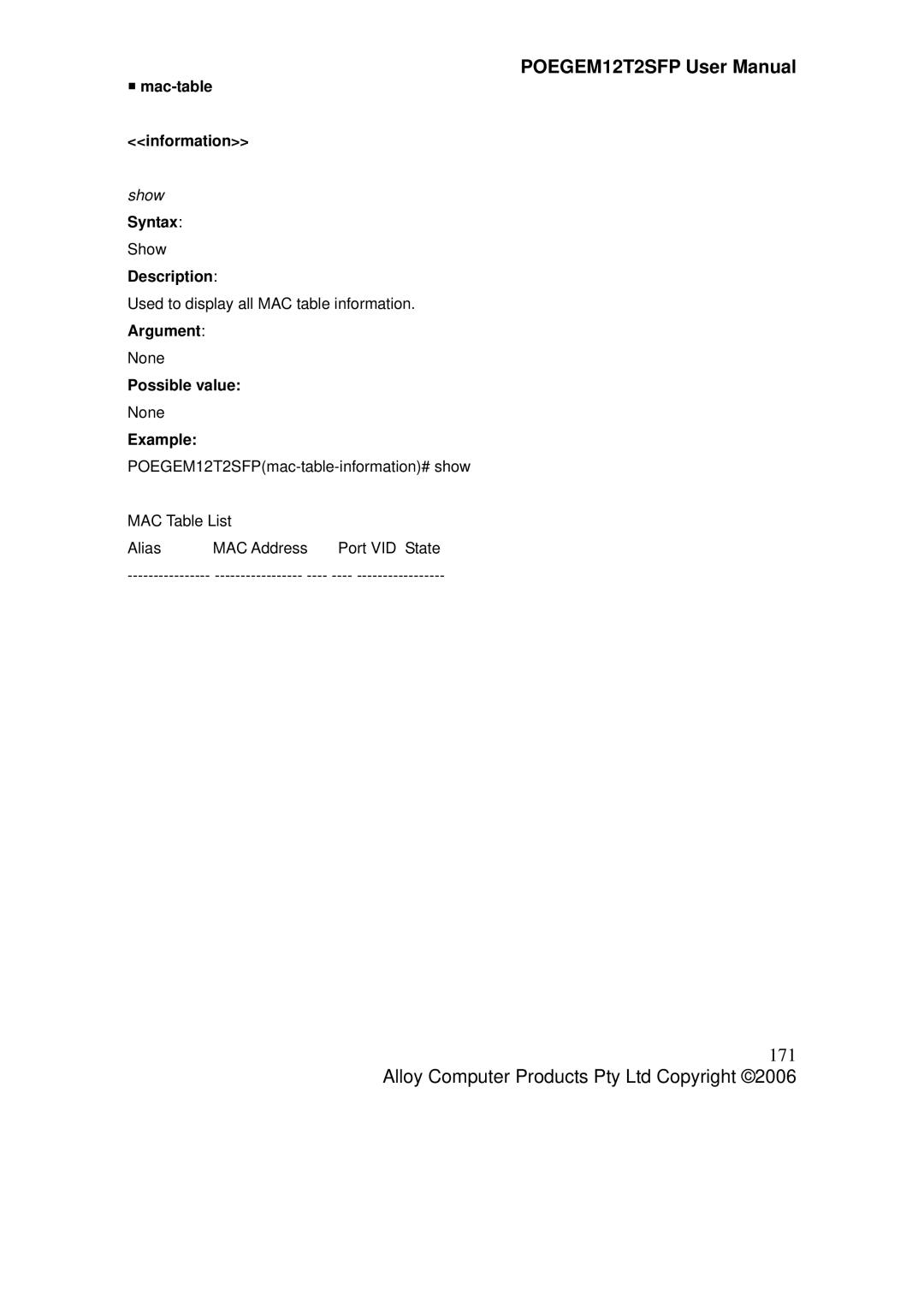 Alloy Computer Products POEGEM12T2SFP user manual 171, ƒ mac-table Information 