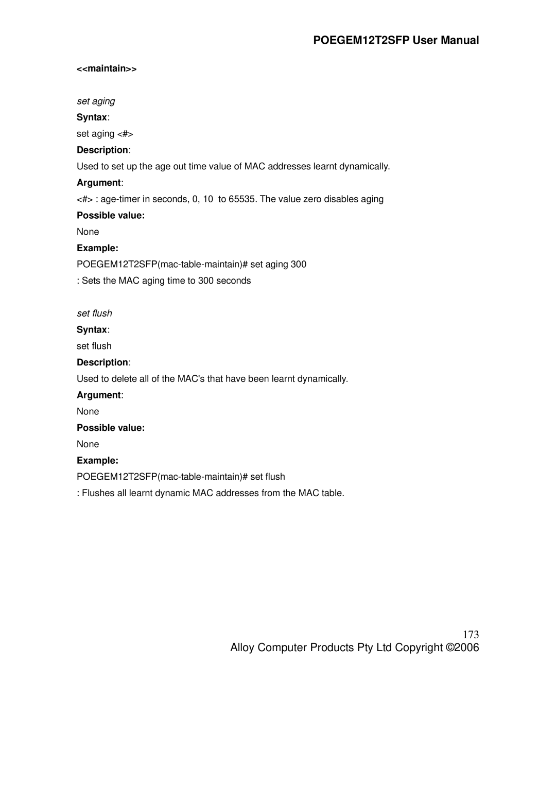 Alloy Computer Products POEGEM12T2SFP user manual 173, Maintain, Set aging Syntax, Set flush Syntax set flush Description 