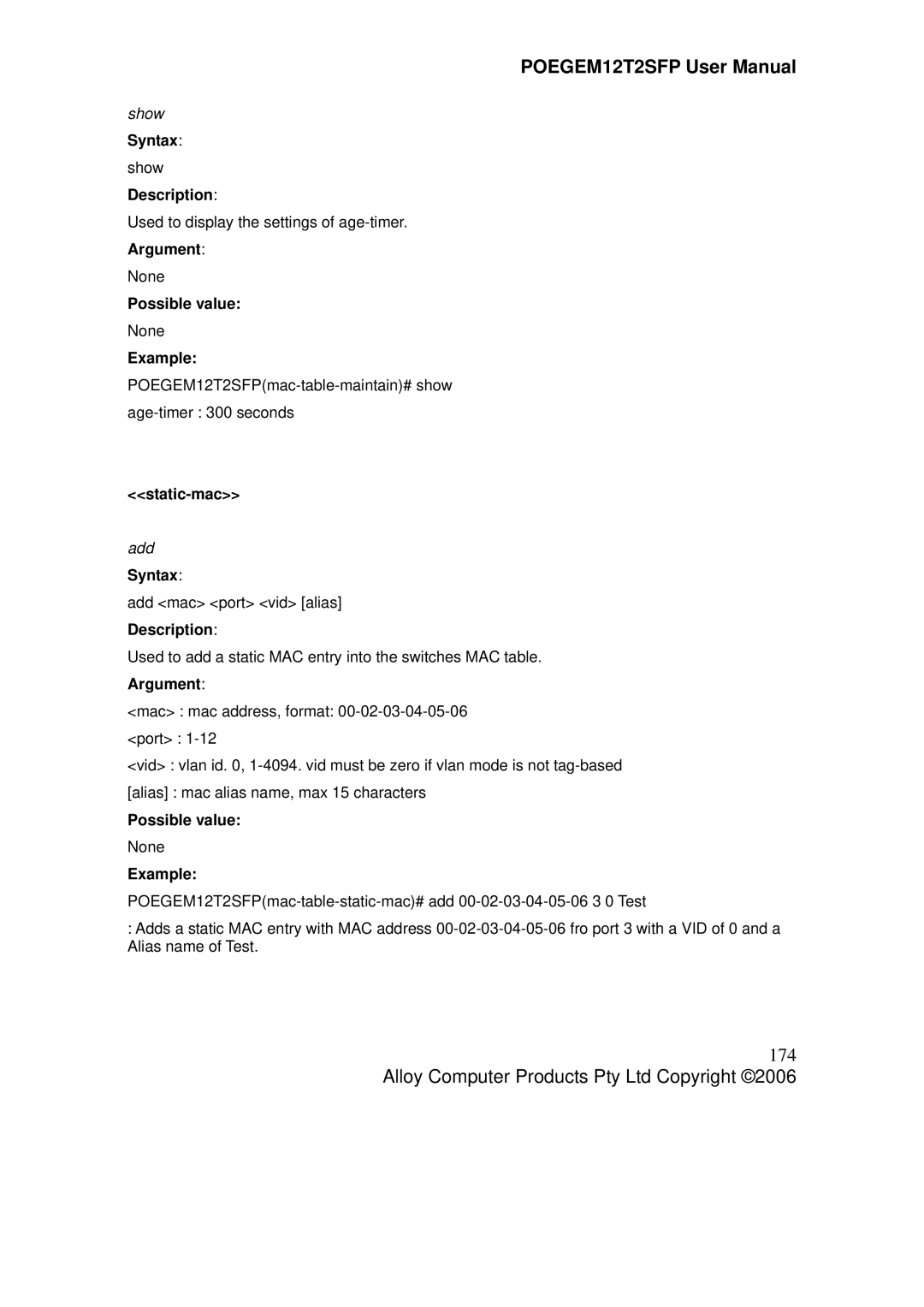 Alloy Computer Products POEGEM12T2SFP user manual 174, Static-mac 