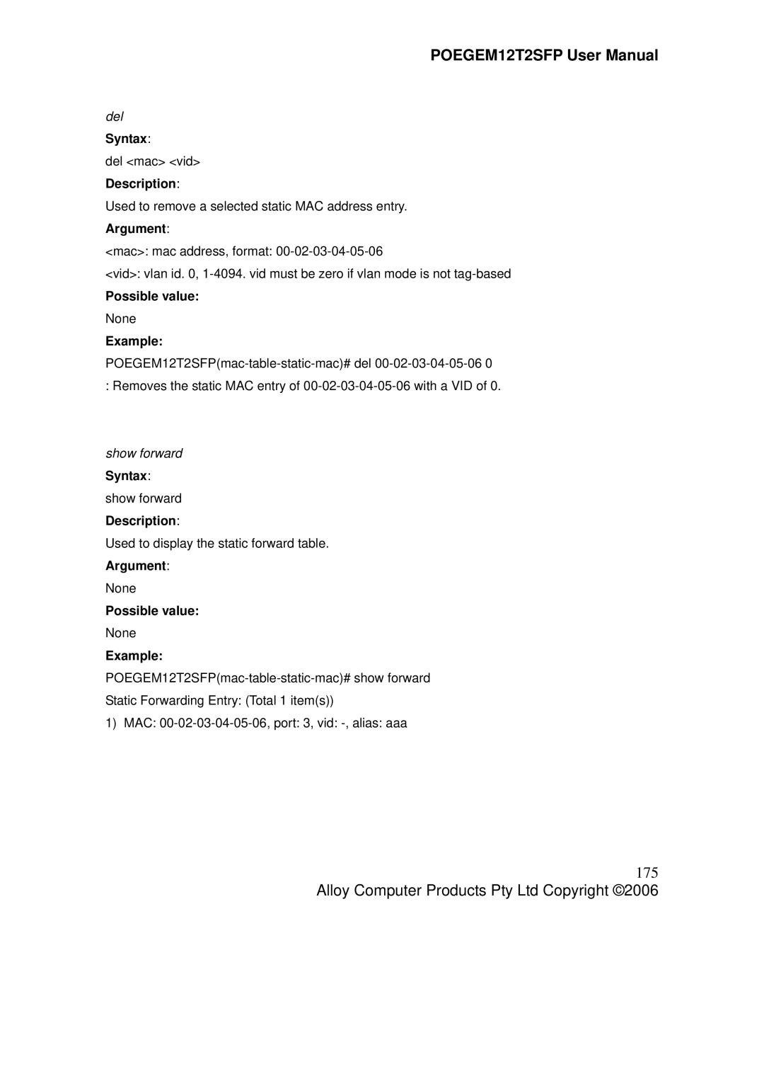 Alloy Computer Products POEGEM12T2SFP user manual 175, Show forward Syntax show forward Description 