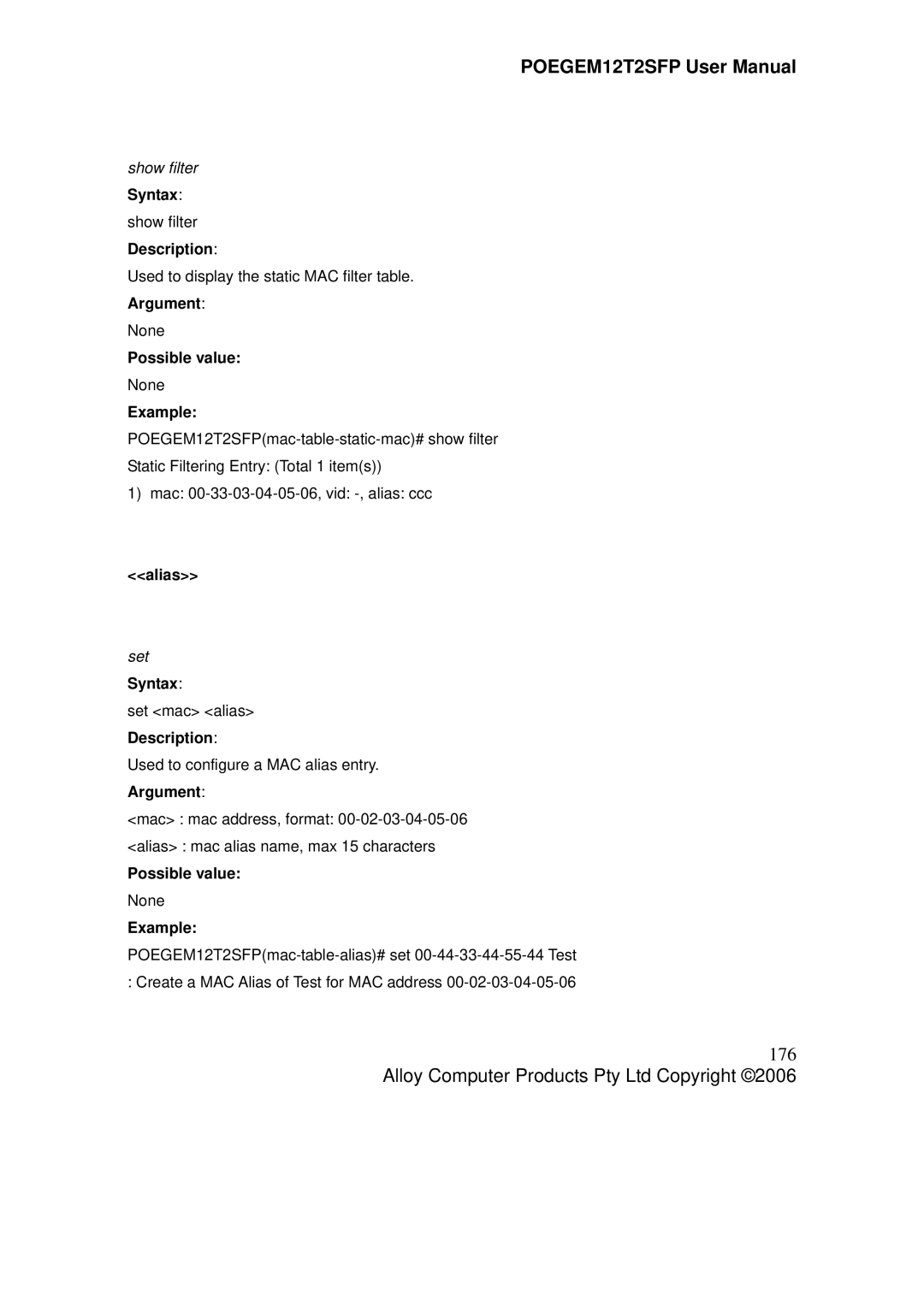 Alloy Computer Products POEGEM12T2SFP user manual 176, Show filter 