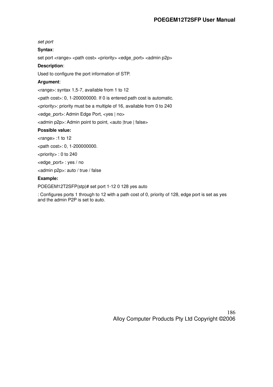 Alloy Computer Products POEGEM12T2SFP user manual 186, Set port Syntax 