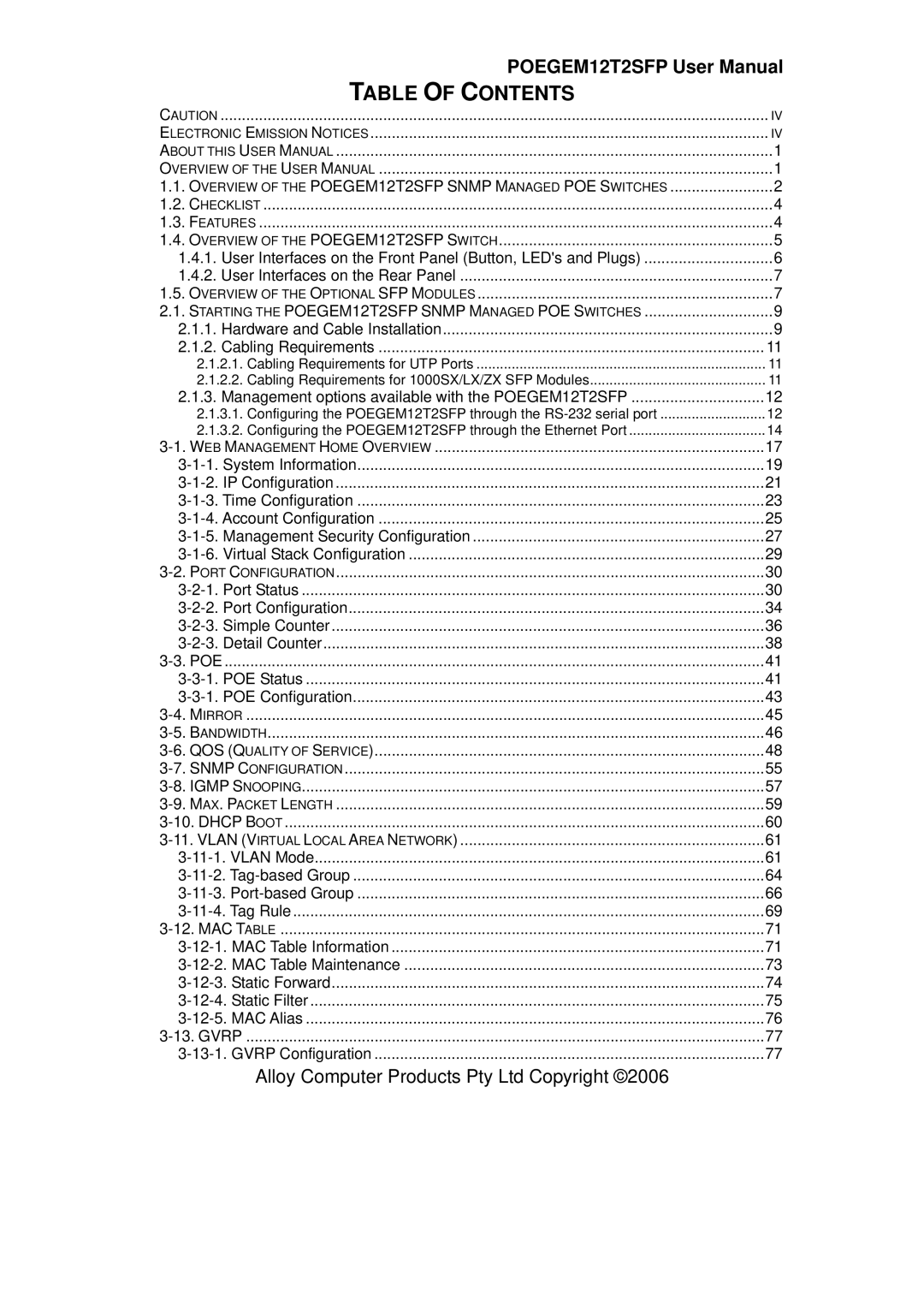 Alloy Computer Products POEGEM12T2SFP user manual Table of Contents 