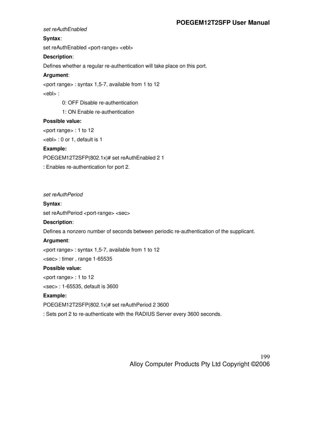 Alloy Computer Products POEGEM12T2SFP user manual 199, Set reAuthEnabled Syntax, Set reAuthPeriod Syntax 