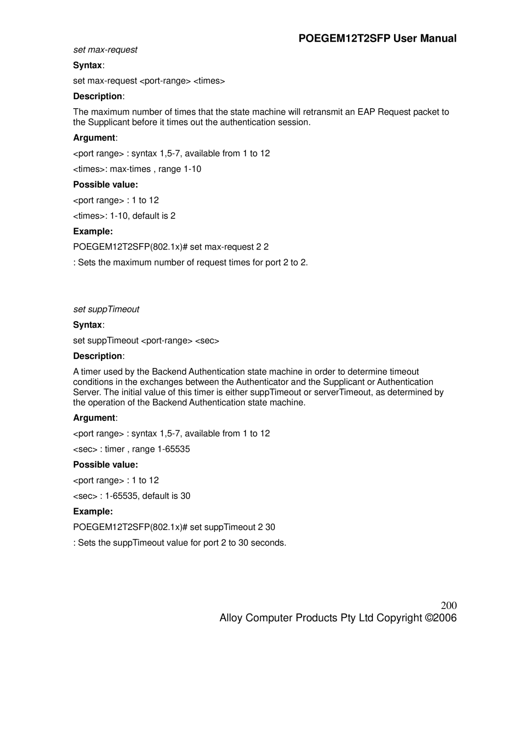 Alloy Computer Products POEGEM12T2SFP user manual 200, Set max-request, Set suppTimeout 