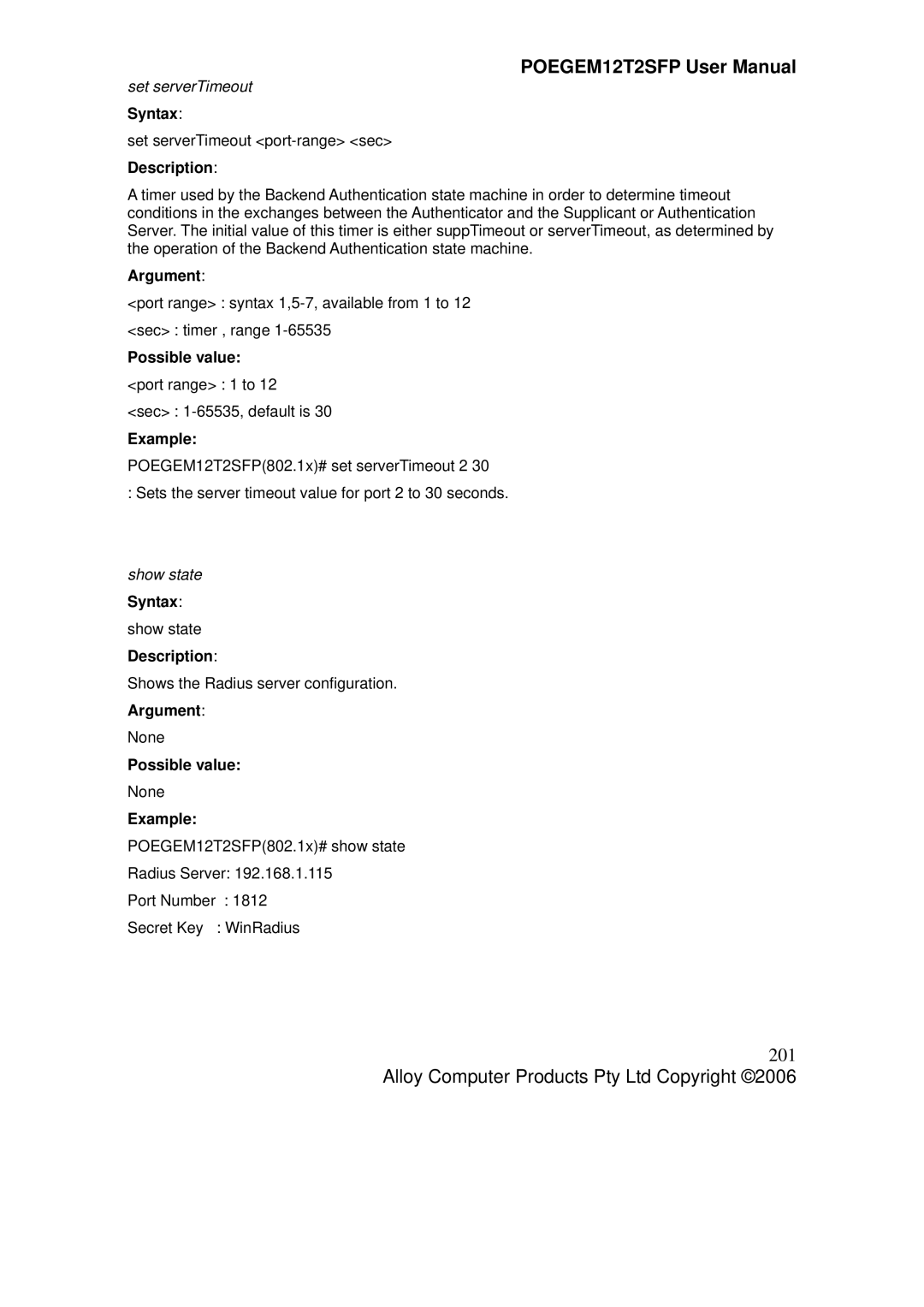 Alloy Computer Products POEGEM12T2SFP user manual 201, Set serverTimeout, Show state 