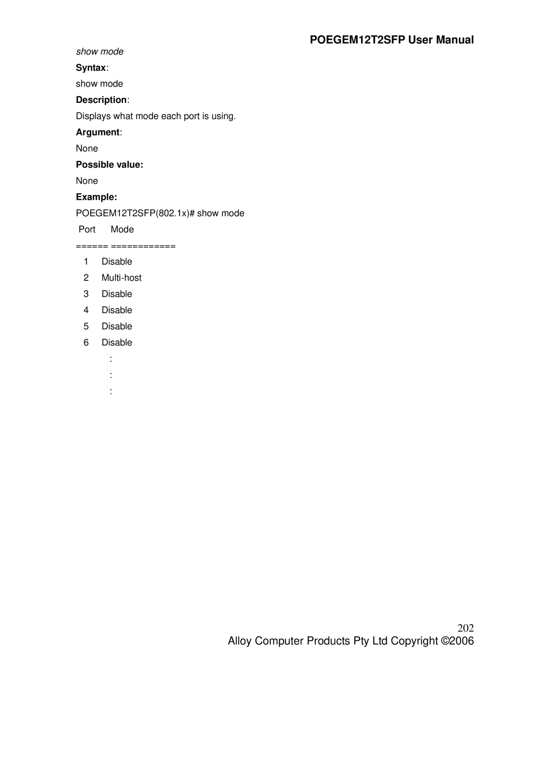 Alloy Computer Products POEGEM12T2SFP user manual 202, Show mode 