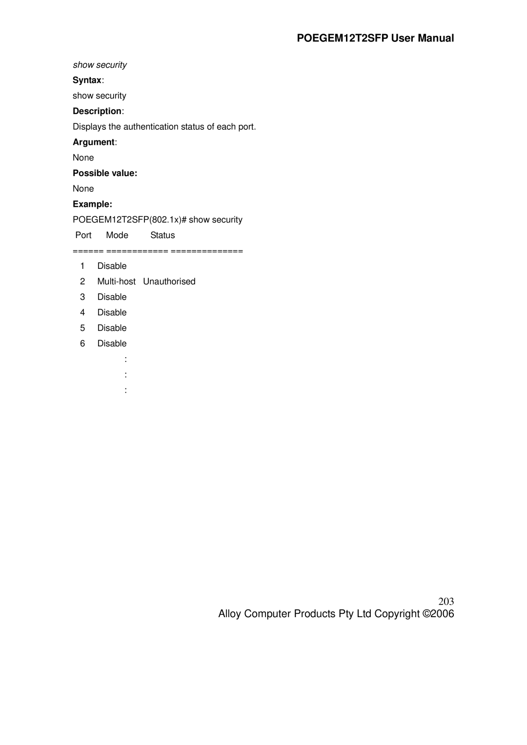 Alloy Computer Products POEGEM12T2SFP user manual 203, Show security Syntax show security Description 