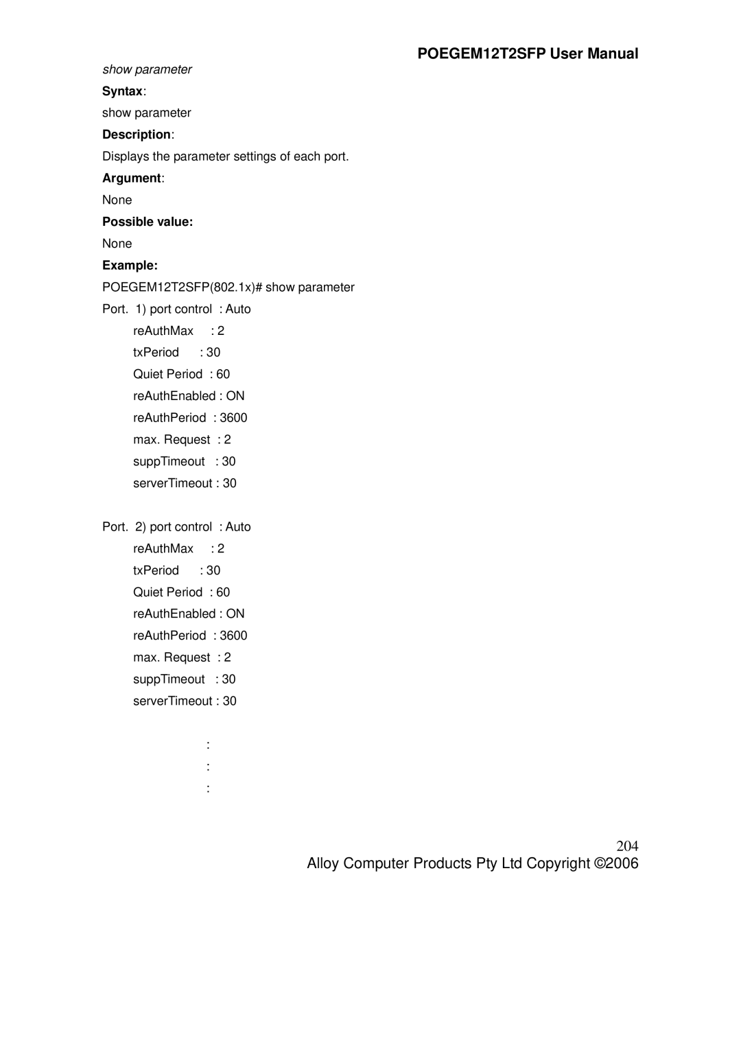 Alloy Computer Products POEGEM12T2SFP user manual 204, Show parameter Syntax show parameter Description 