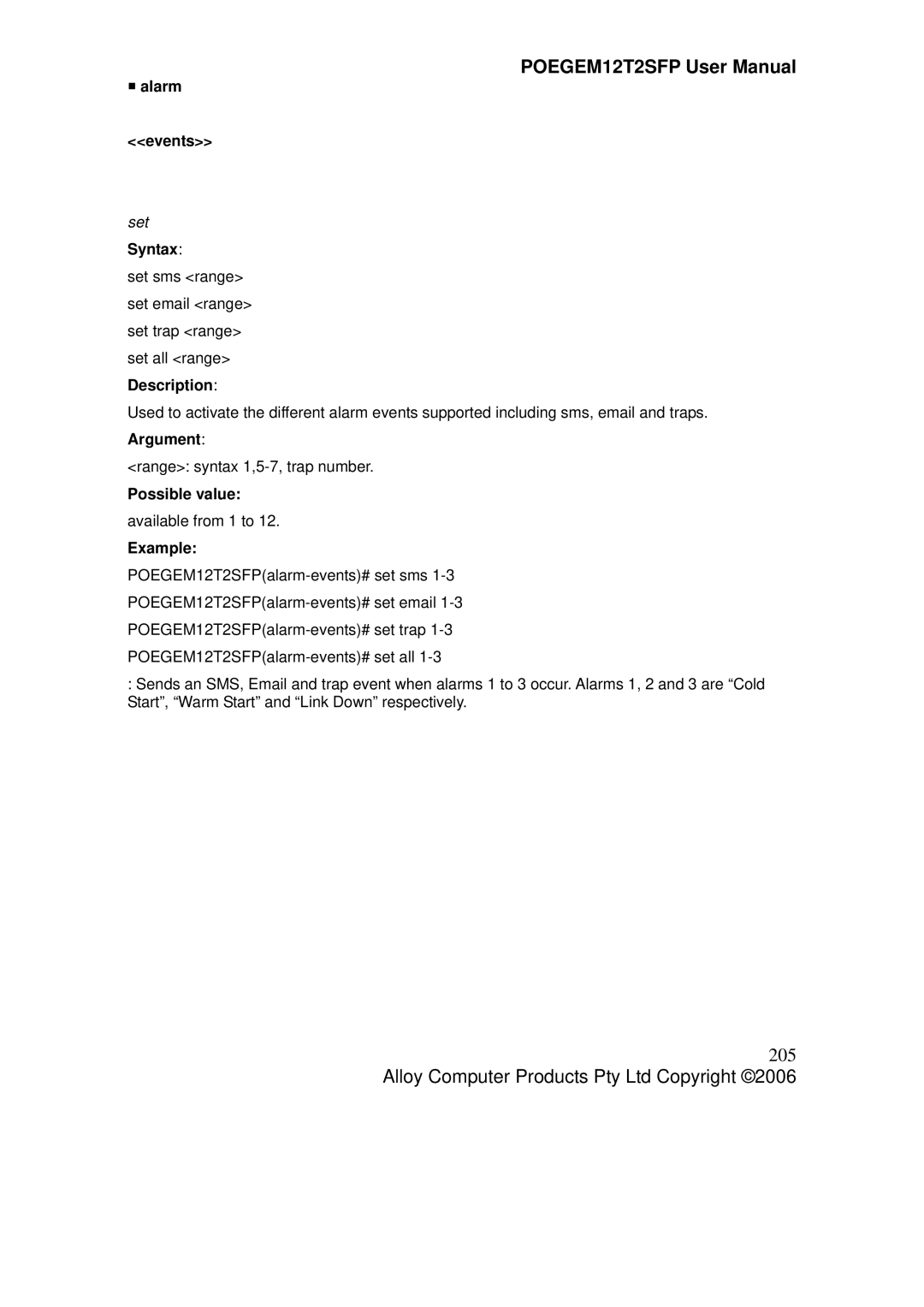 Alloy Computer Products POEGEM12T2SFP user manual 205, ƒ alarm Events 