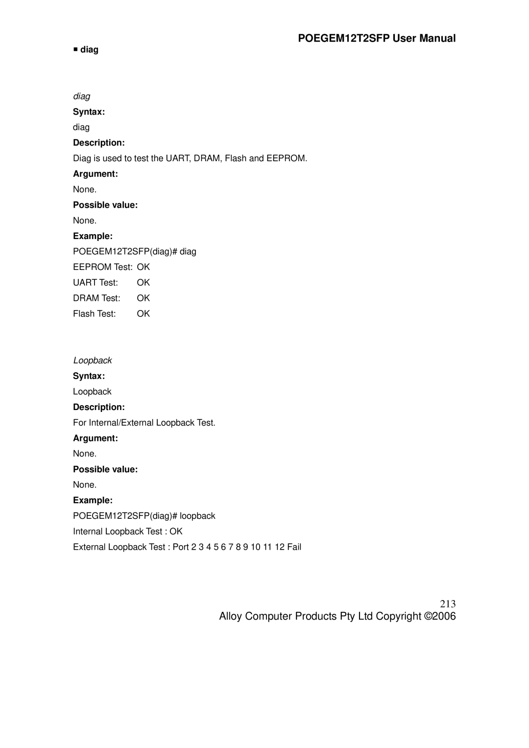 Alloy Computer Products POEGEM12T2SFP user manual 213, ƒ diag, Diag, Loopback 