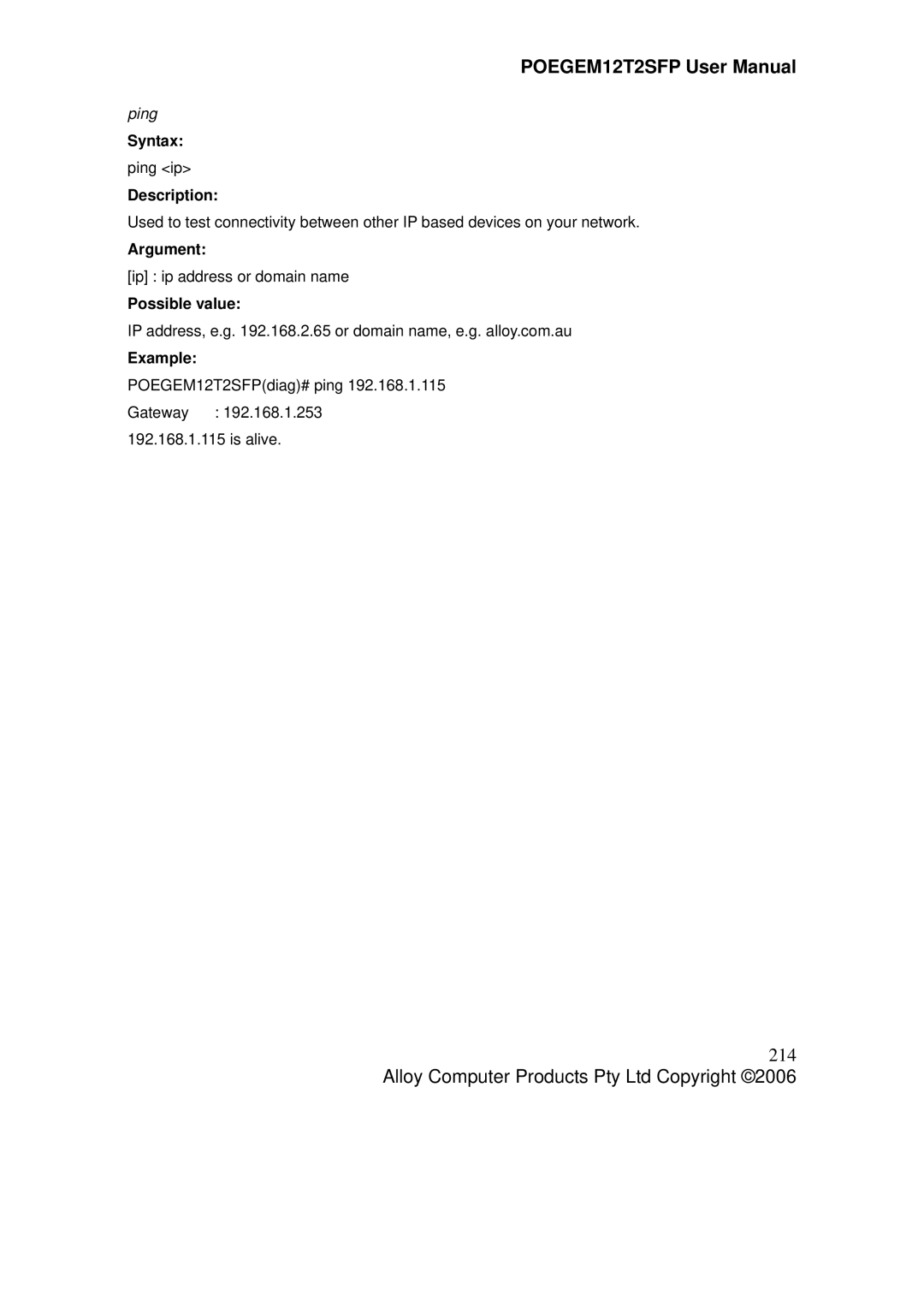 Alloy Computer Products POEGEM12T2SFP user manual 214, Ping 