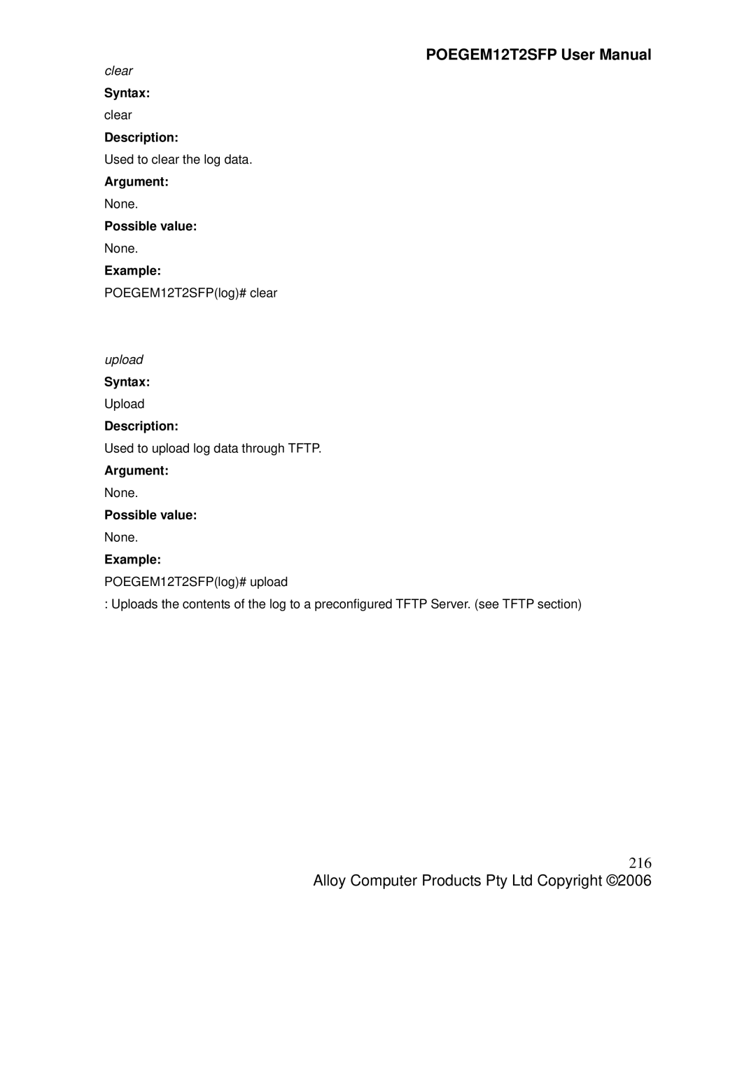 Alloy Computer Products POEGEM12T2SFP user manual 216, Clear, Upload 