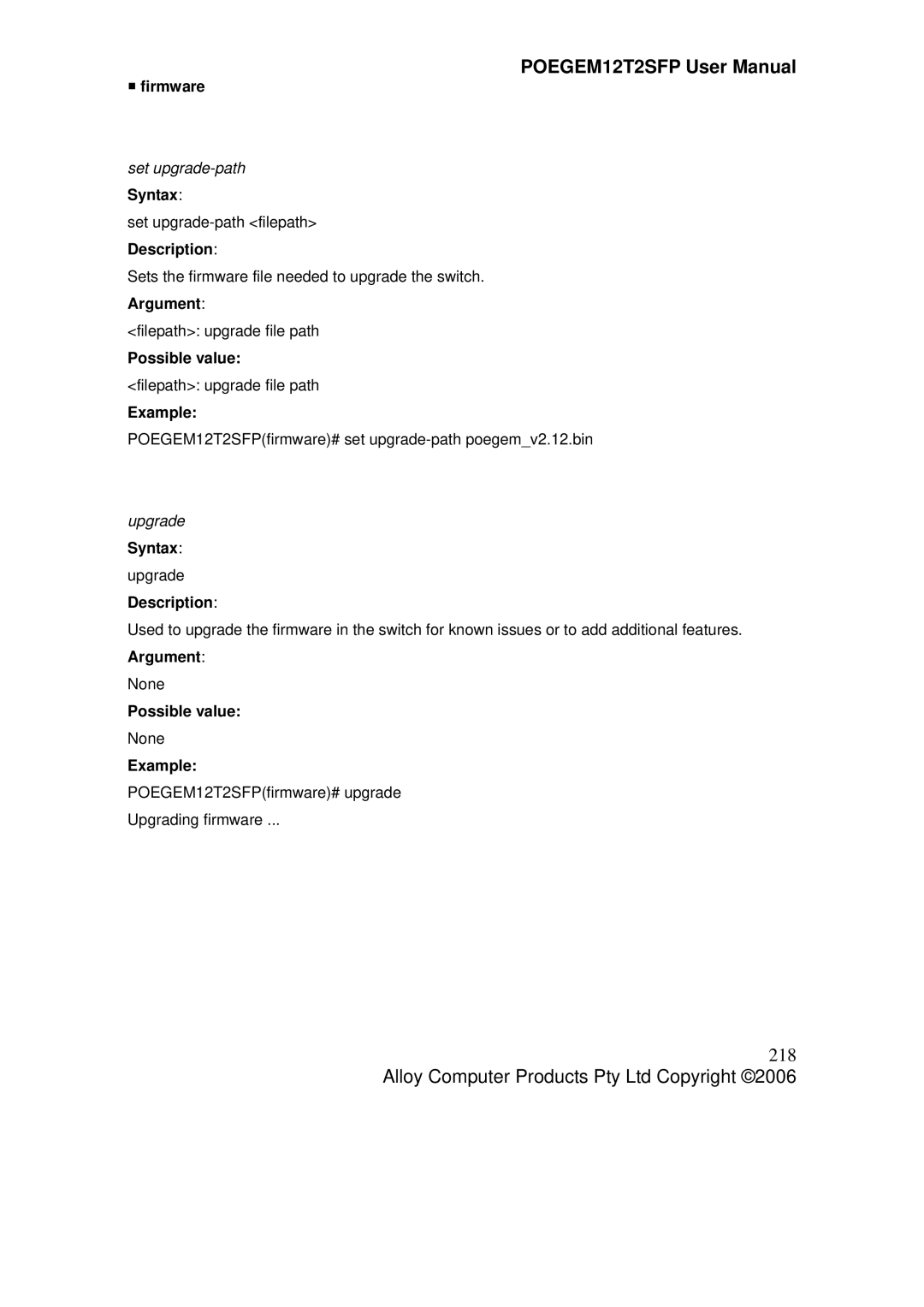 Alloy Computer Products POEGEM12T2SFP user manual 218, ƒ firmware, Set upgrade-path Syntax, Upgrade 