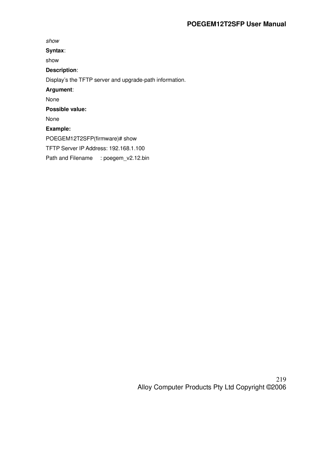 Alloy Computer Products POEGEM12T2SFP user manual 219, Show 