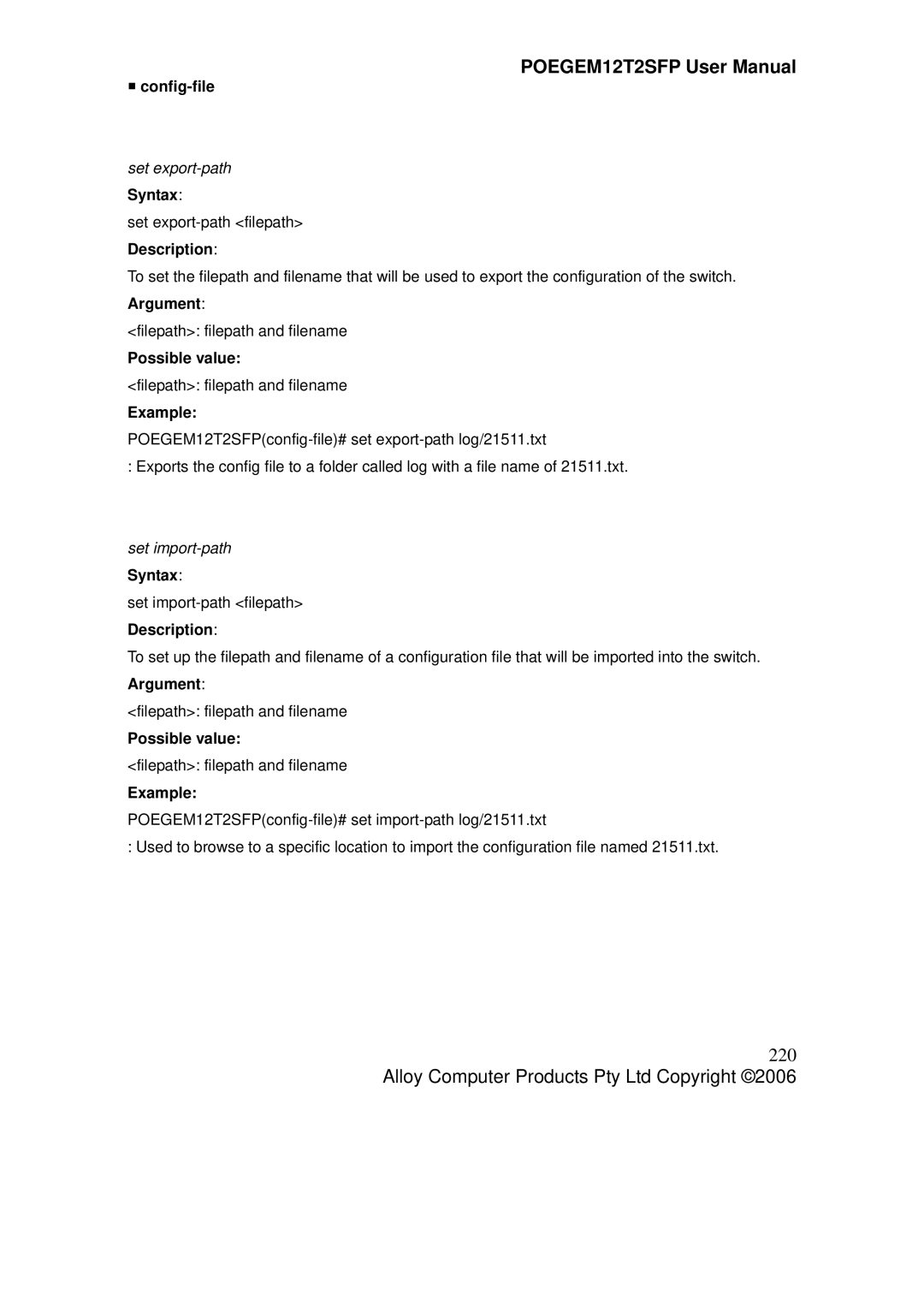 Alloy Computer Products POEGEM12T2SFP user manual 220, ƒ config-file, Set export-path, Set import-path Syntax 