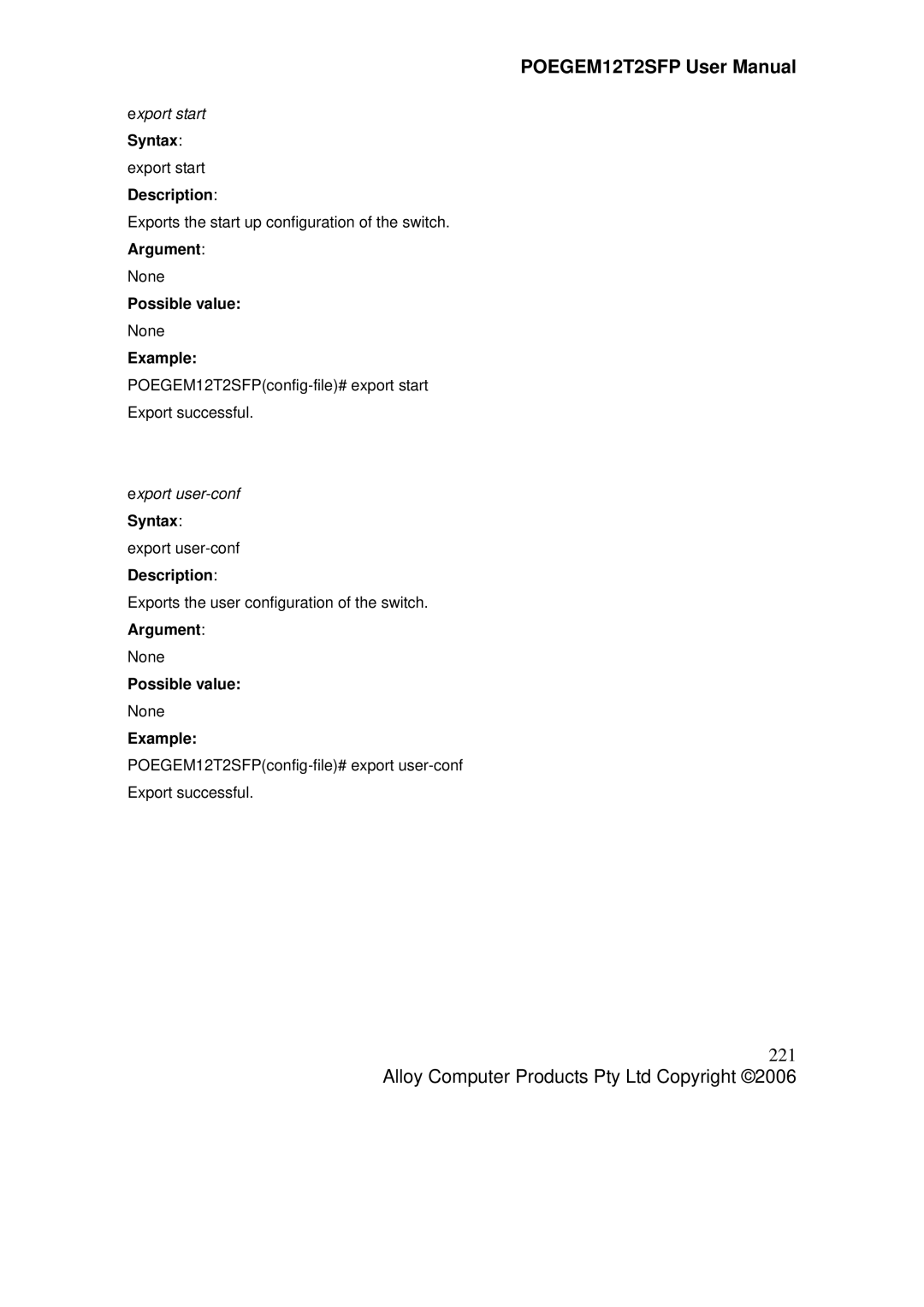 Alloy Computer Products POEGEM12T2SFP user manual 221, Export start, Export user-conf Syntax export user-confDescription 