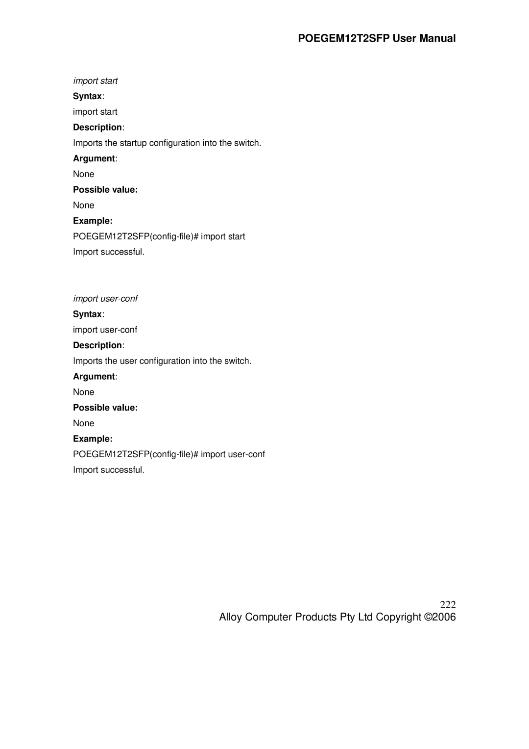 Alloy Computer Products POEGEM12T2SFP user manual 222, Import start, Import user-conf Syntax import user-confDescription 