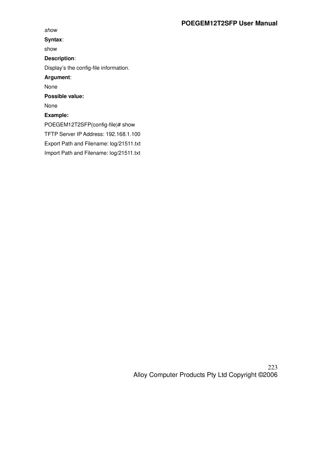 Alloy Computer Products POEGEM12T2SFP user manual 223, Show 