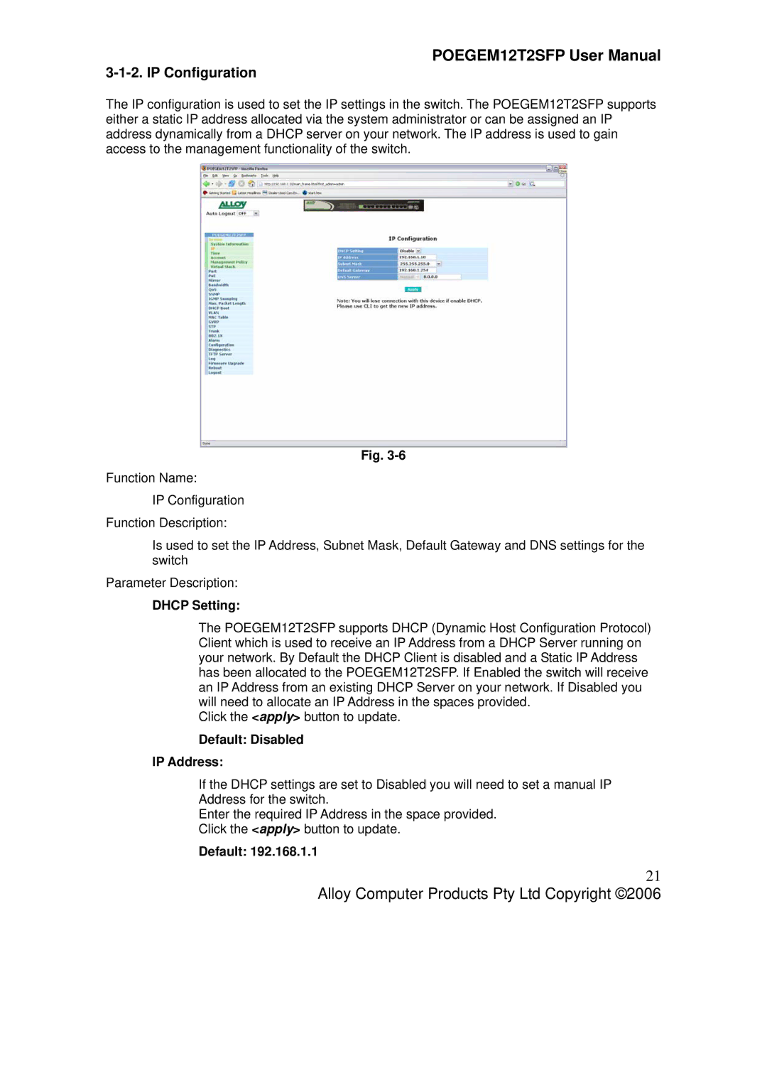 Alloy Computer Products POEGEM12T2SFP user manual IP Configuration, Dhcp Setting, Default Disabled IP Address 