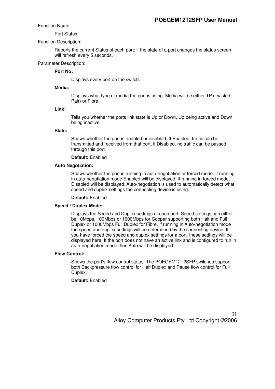 Alloy Computer Products POEGEM12T2SFP user manual Port No, Media, Link, Default Enabled Auto Negotiation, Flow Control 