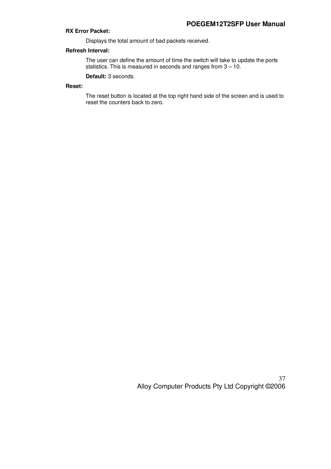 Alloy Computer Products POEGEM12T2SFP user manual RX Error Packet, Refresh Interval, Reset 