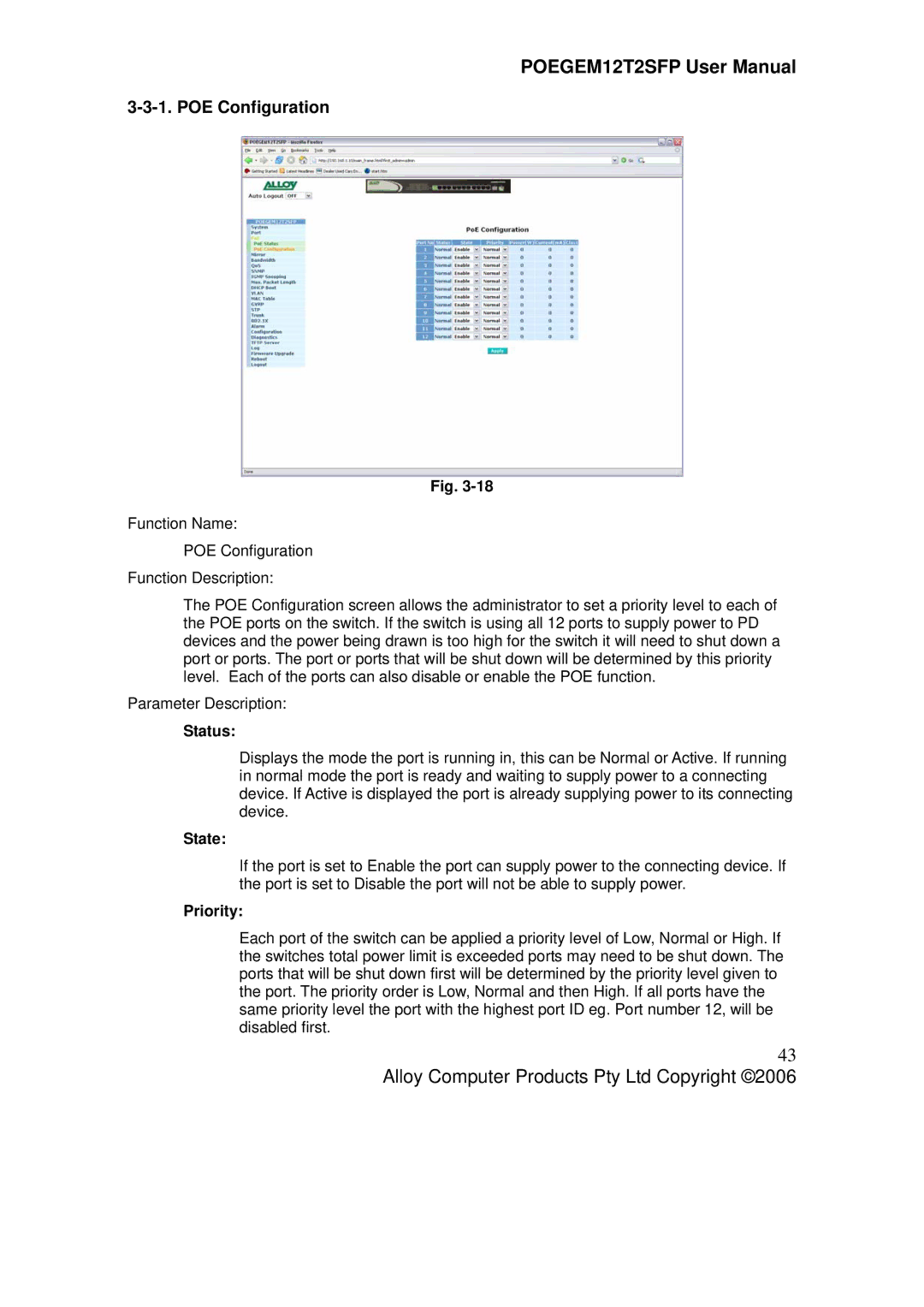 Alloy Computer Products POEGEM12T2SFP user manual POE Configuration, Status, Priority 