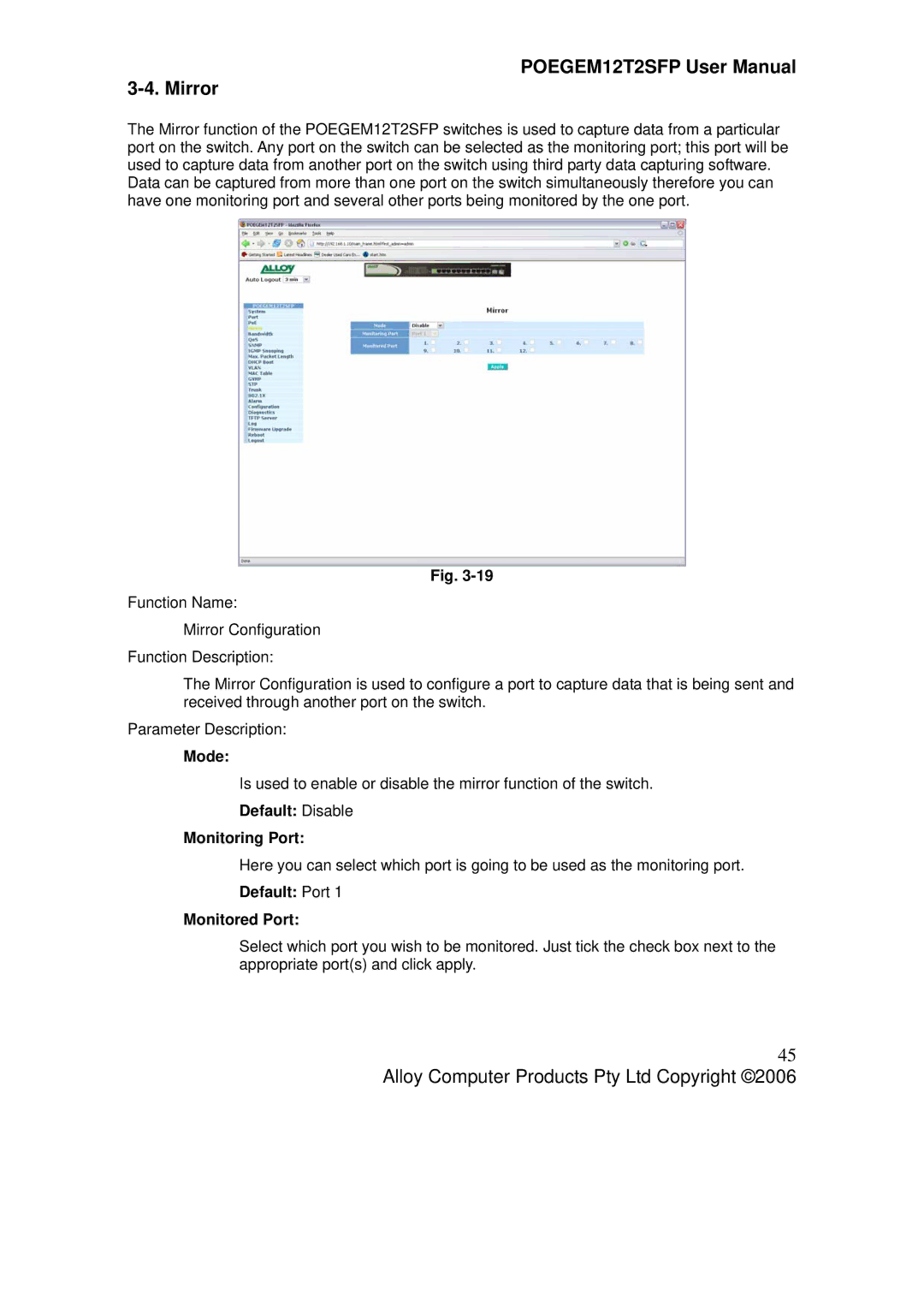 Alloy Computer Products POEGEM12T2SFP user manual Mirror, Default Disable Monitoring Port, Default Port Monitored Port 