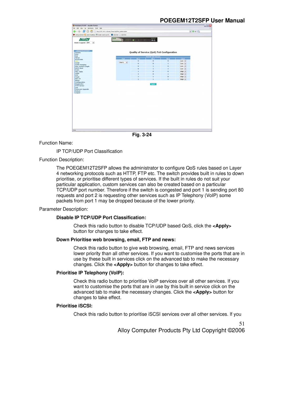 Alloy Computer Products POEGEM12T2SFP user manual Disable IP TCP/UDP Port Classification, Prioritise IP Telephony VoIP 