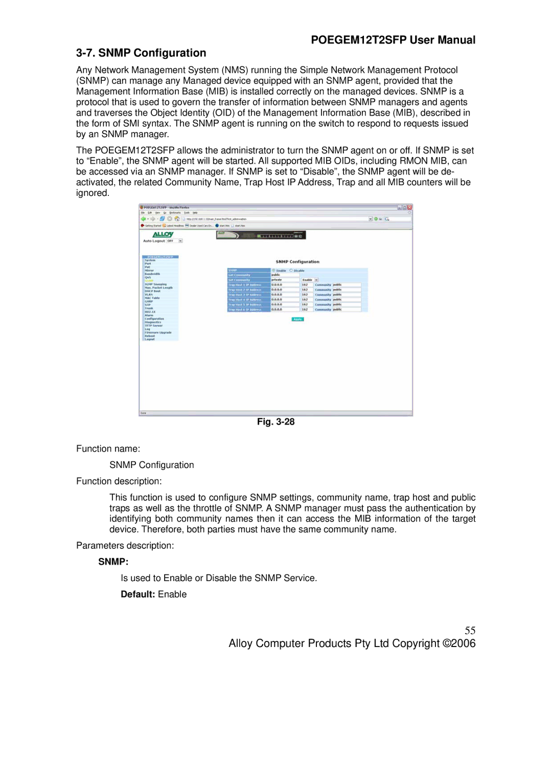 Alloy Computer Products POEGEM12T2SFP user manual Snmp Configuration, Default Enable 