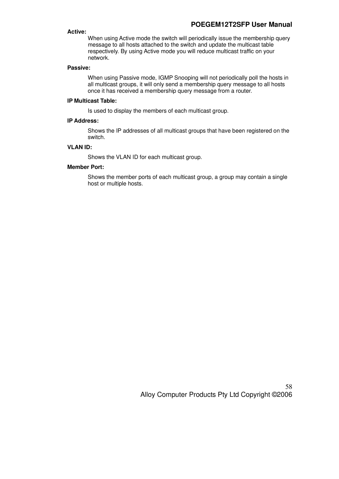 Alloy Computer Products POEGEM12T2SFP user manual Active, Passive, IP Multicast Table, Member Port 