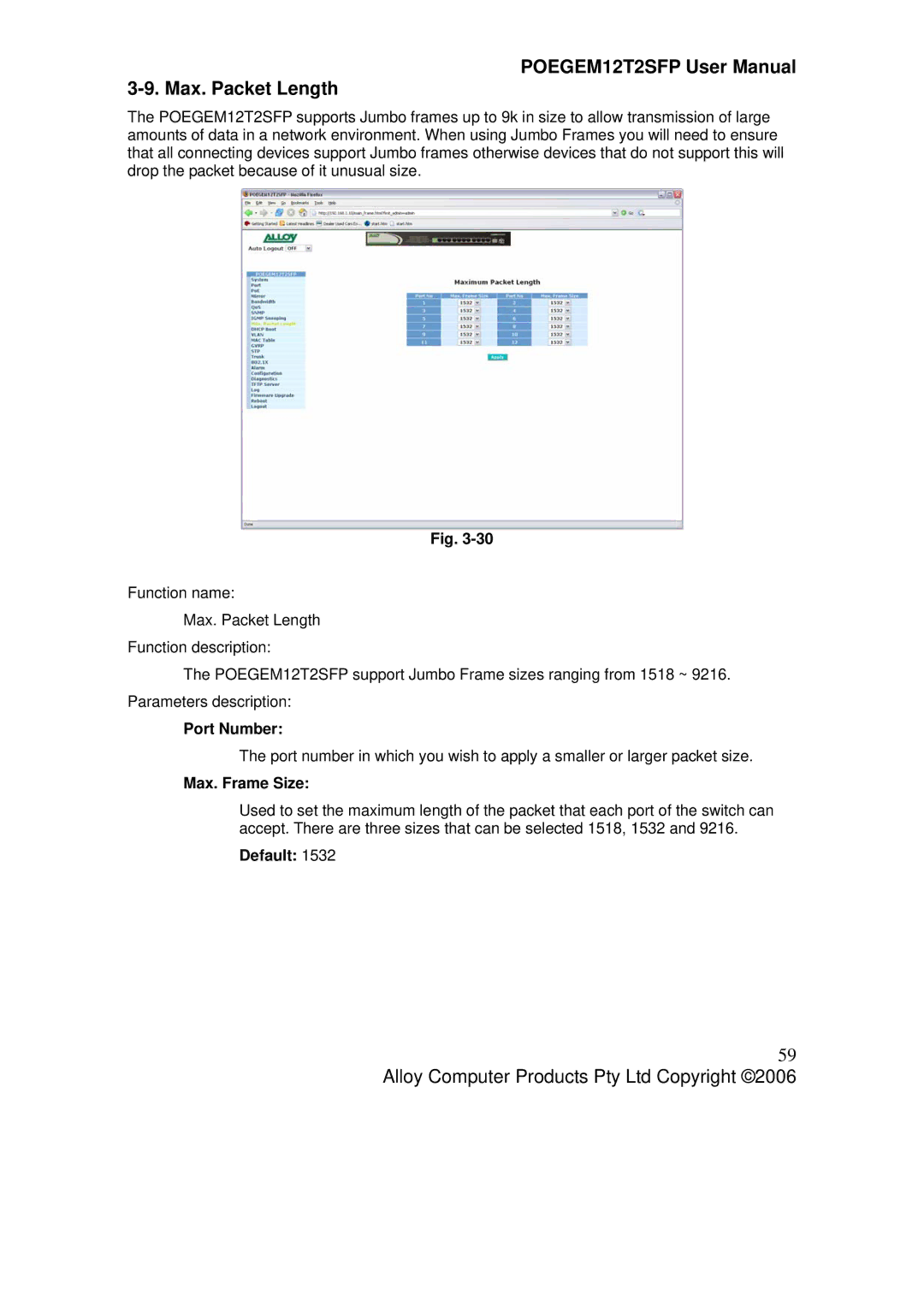 Alloy Computer Products POEGEM12T2SFP user manual Max. Packet Length, Max. Frame Size 