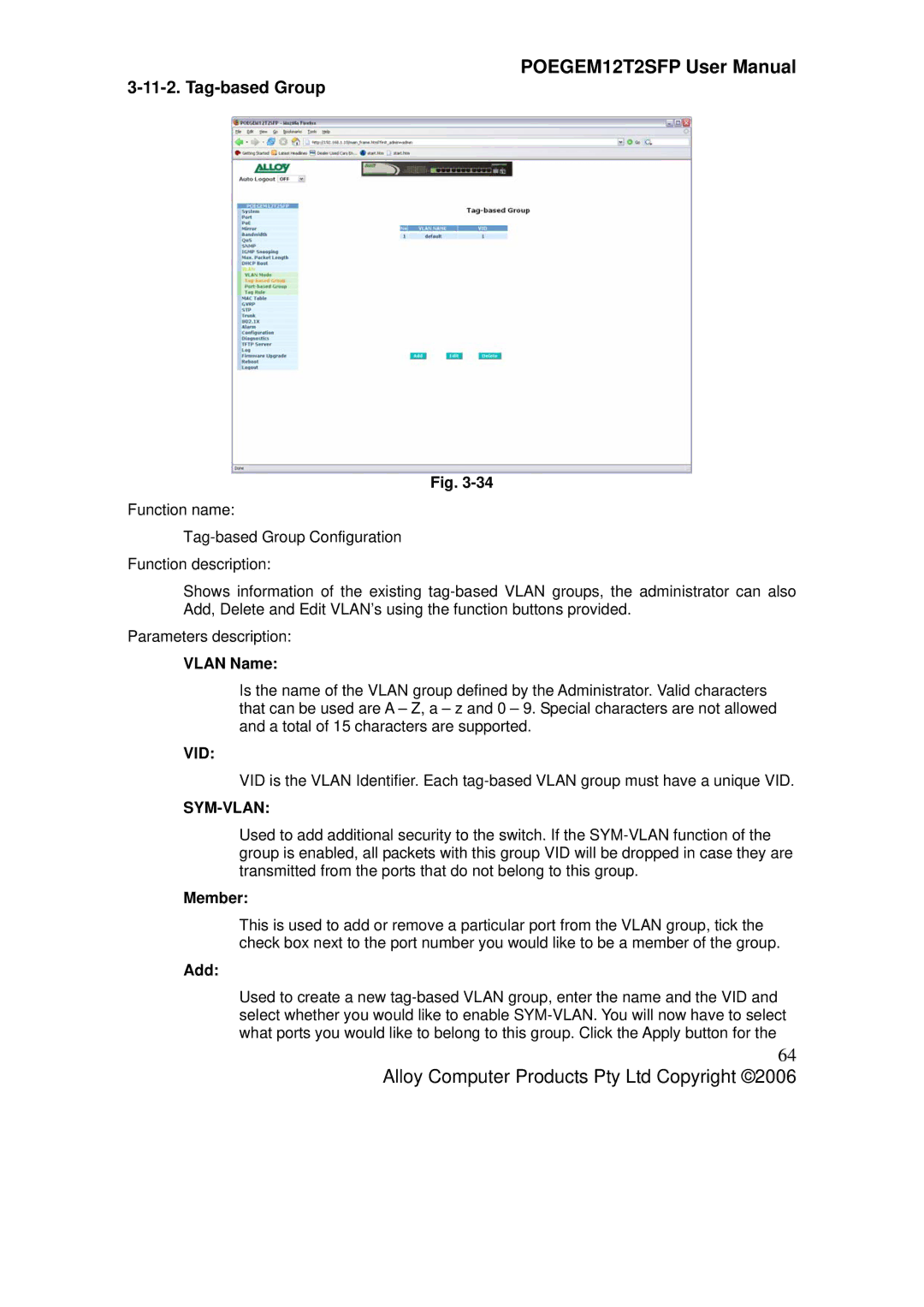 Alloy Computer Products POEGEM12T2SFP user manual Tag-based Group, Vlan Name, Member, Add 