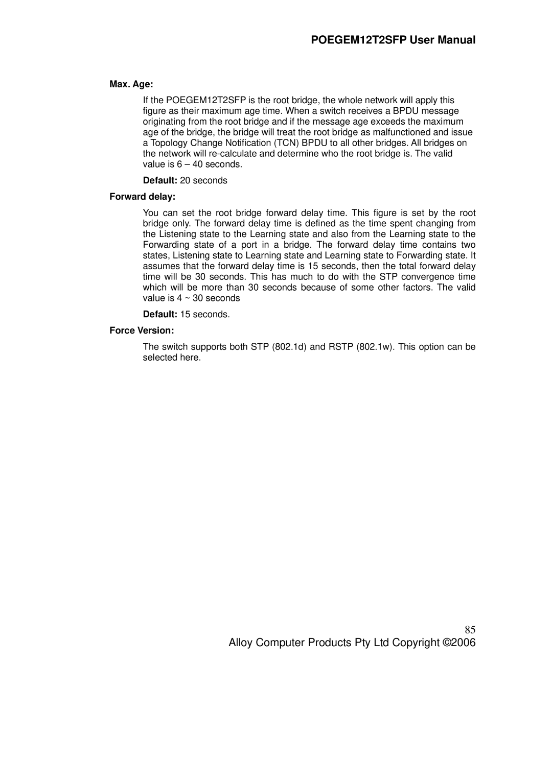 Alloy Computer Products POEGEM12T2SFP user manual Max. Age, Forward delay, Force Version 