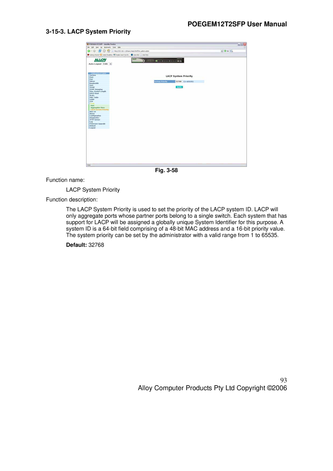 Alloy Computer Products POEGEM12T2SFP user manual Lacp System Priority, Default 