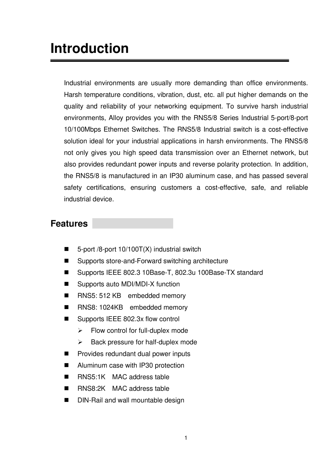 Alloy Computer Products RNS8, RNS5 user manual Introduction, Features 