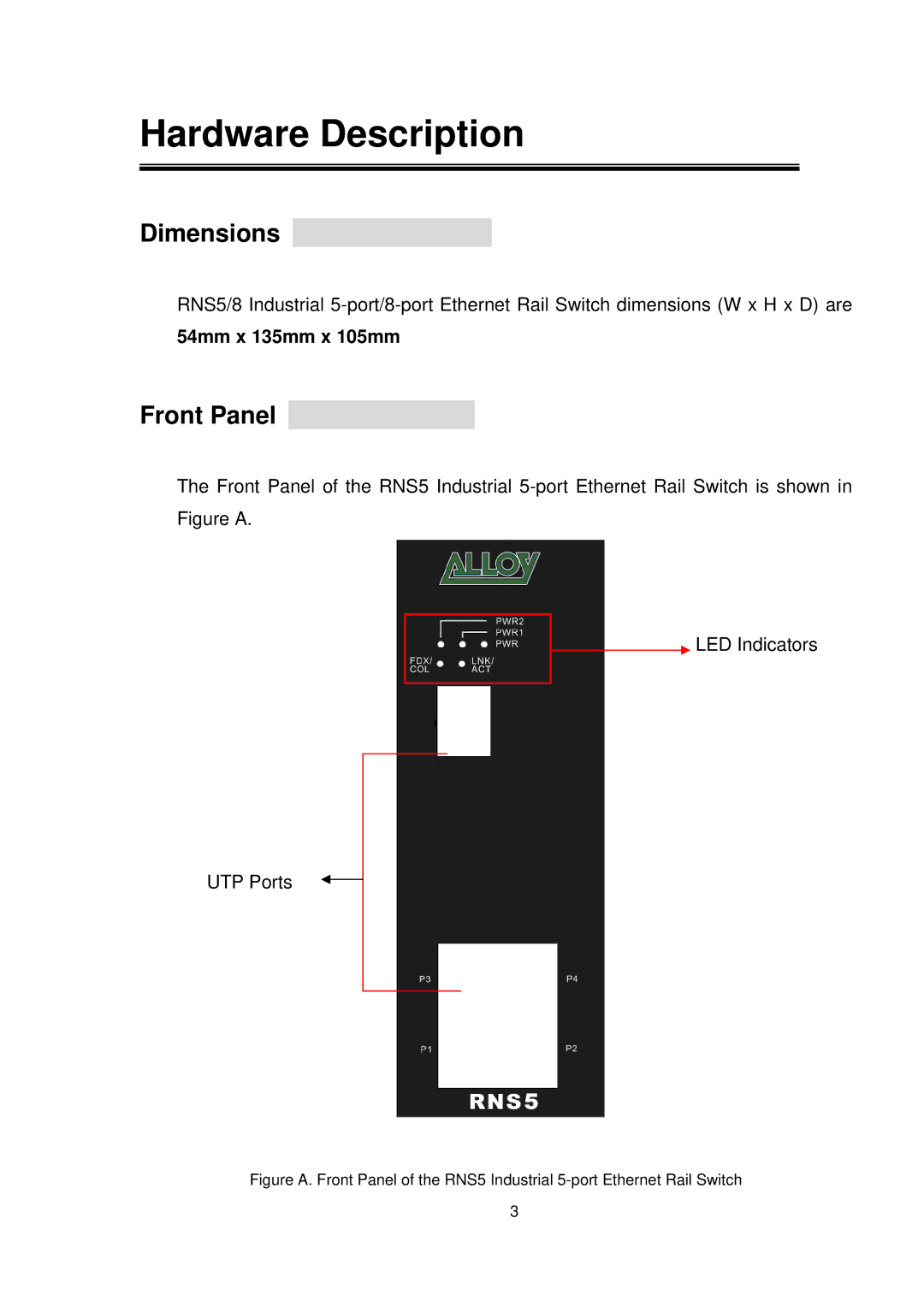 Alloy Computer Products RNS8, RNS5 user manual Hardware Description, Dimensions, Front Panel, 54mm x 135mm x 105mm 