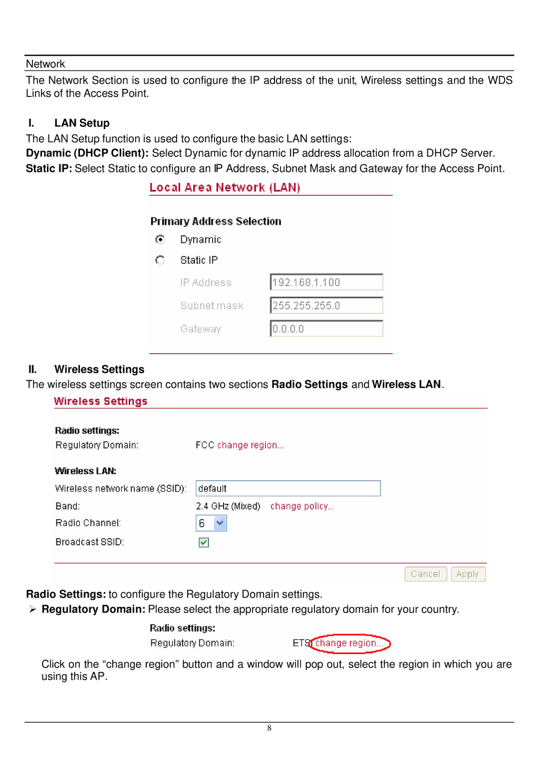 Alloy Computer Products WDS2454AP manual LAN Setup, II. Wireless Settings 