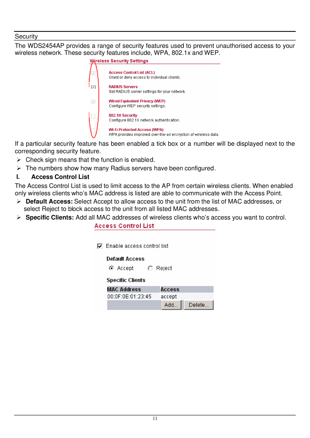 Alloy Computer Products WDS2454AP manual Access Control List 