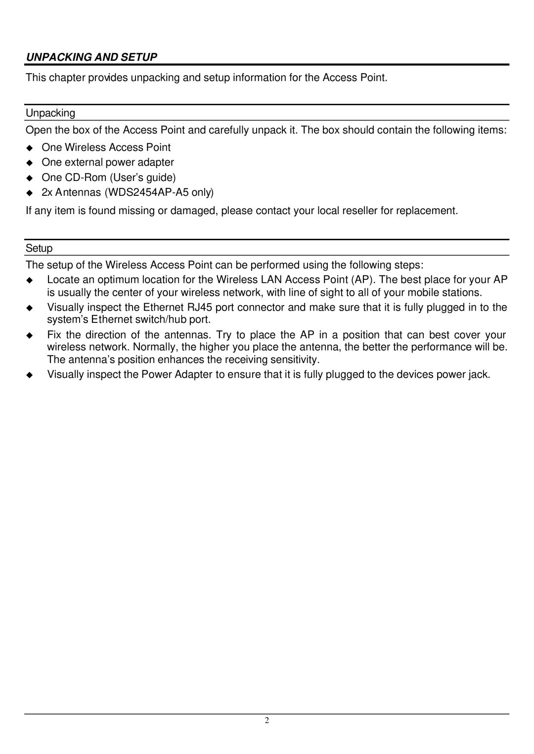 Alloy Computer Products WDS2454AP manual Unpacking and Setup 